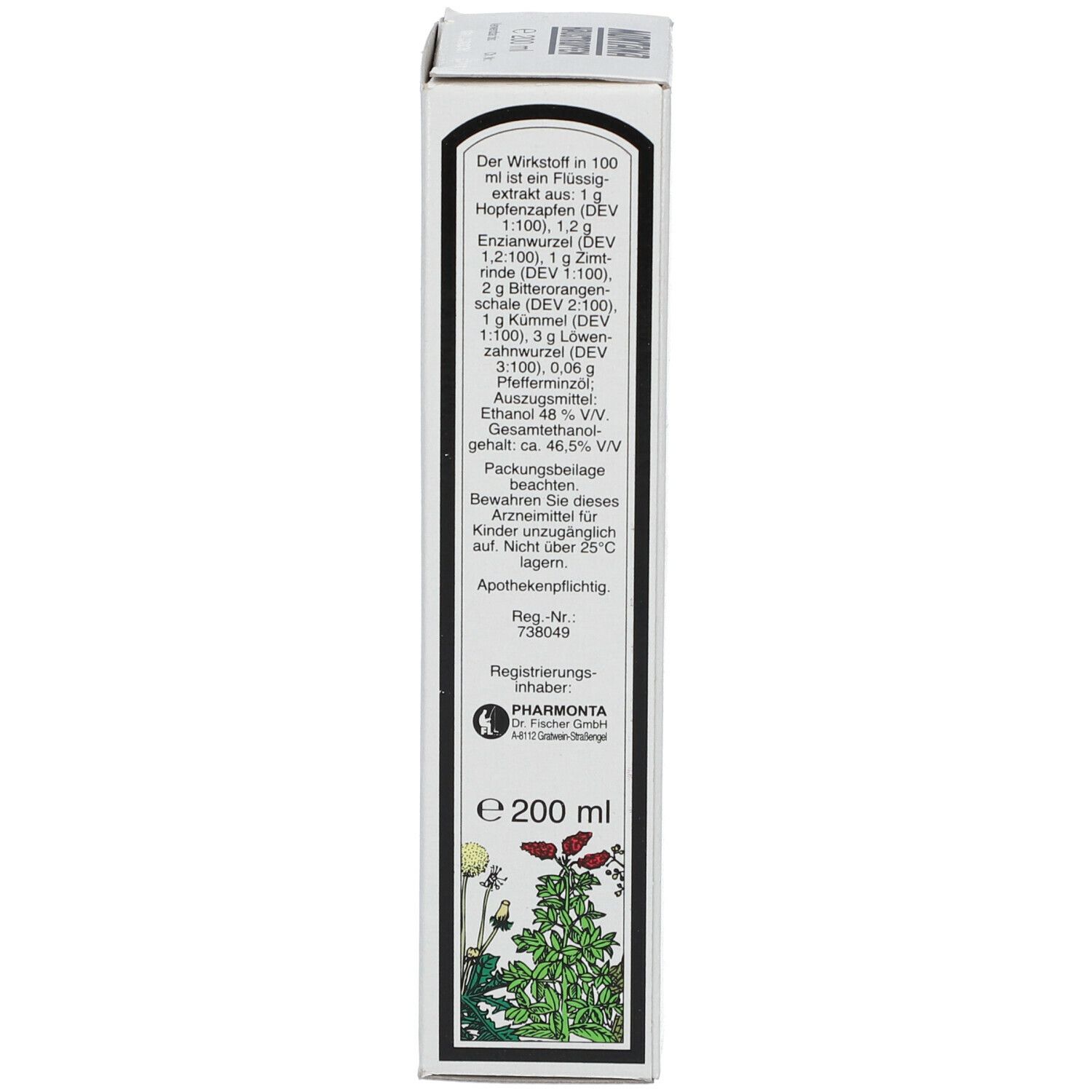 Weiße Verpackung, Seitenansicht. Text mit Inhaltsstoffen und weiteren Informationen. 200 ml.