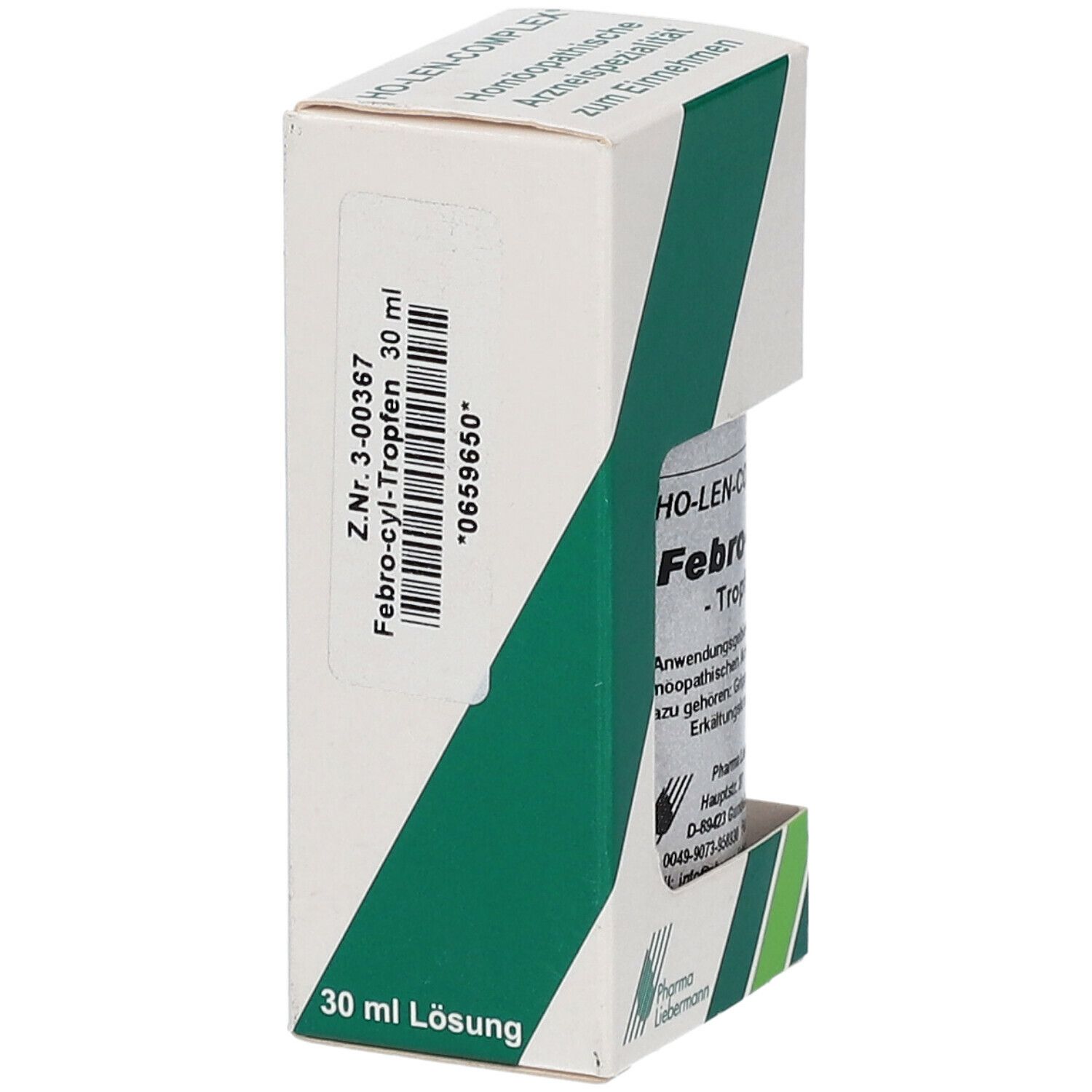 Rückseite der Faltschachtel mit Barcode und Produktinformationen. 30 ml Lösung. Pharma Lieberman Logo.