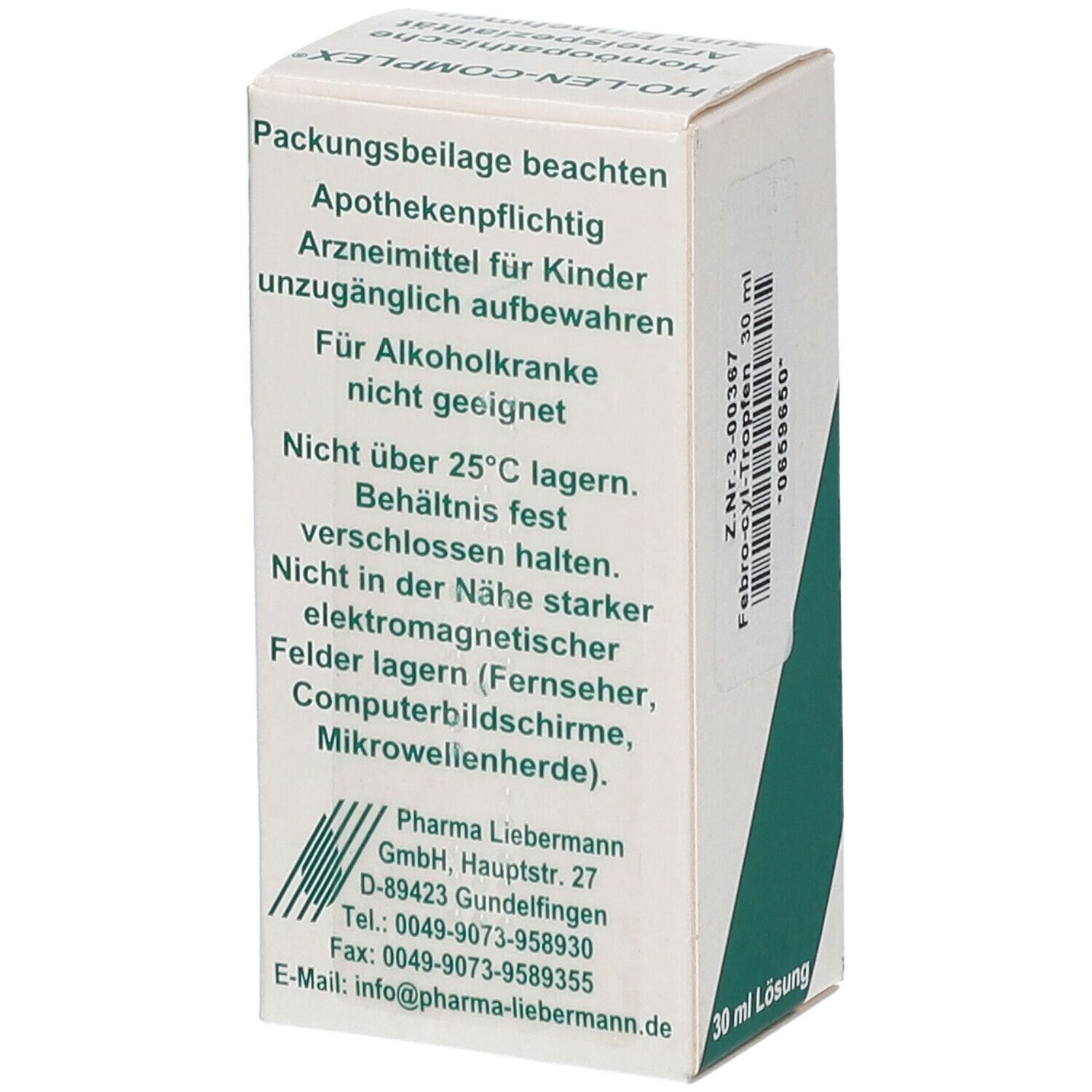 Faltschachtel mit Warnhinweisen und Produktinformationen. 30 ml Lösung. Pharma Lieberman Logo.