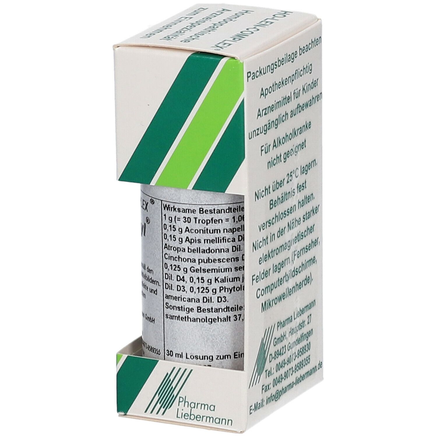 Faltschachtel mit Produktinformationen und Flasche. Wirkstoffe und sonstige Bestandteile. Pharma Lieberman Logo.