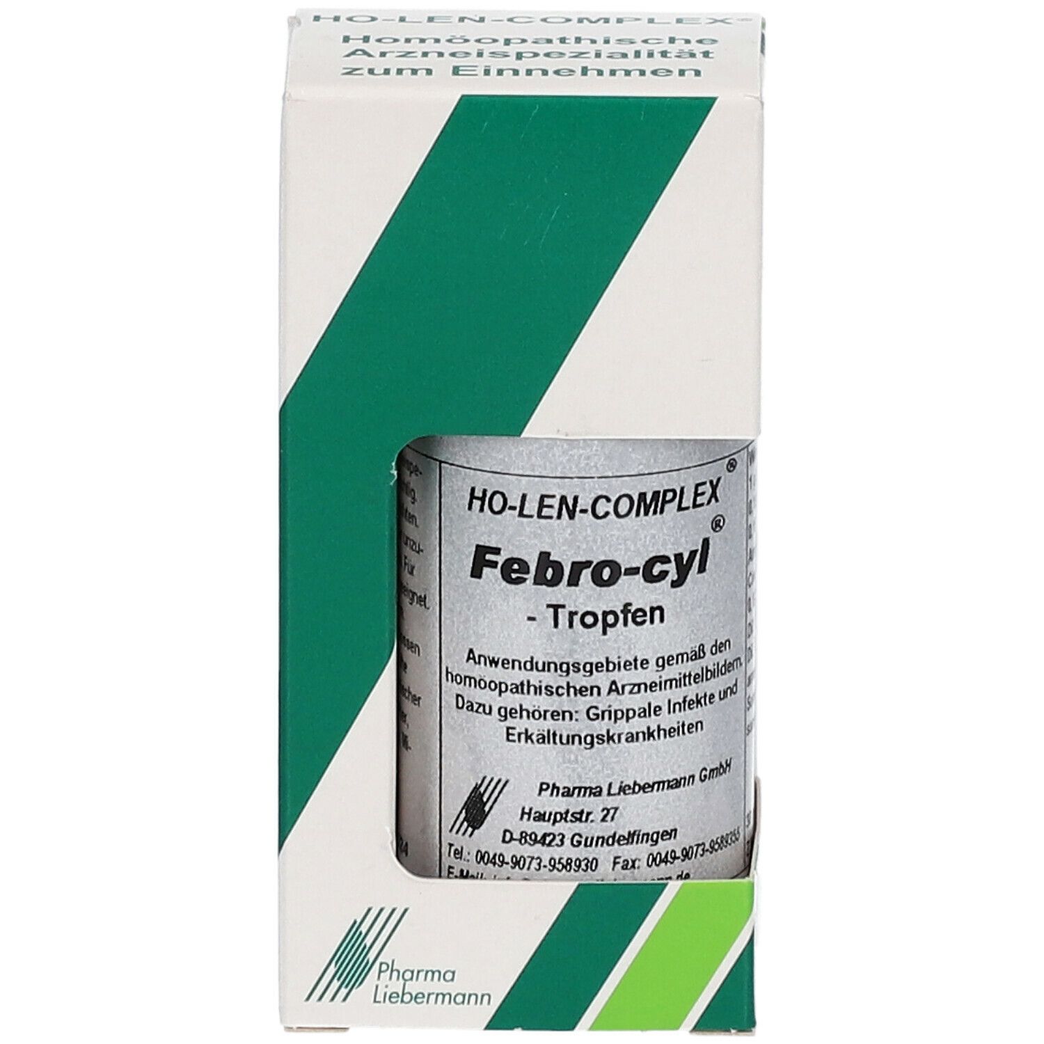 HO-LEN-COMPLEX Febro-cyl Tropfen in Faltschachtel. Flasche sichtbar. Pharma Lieberman Logo. Grün-weißes Design.