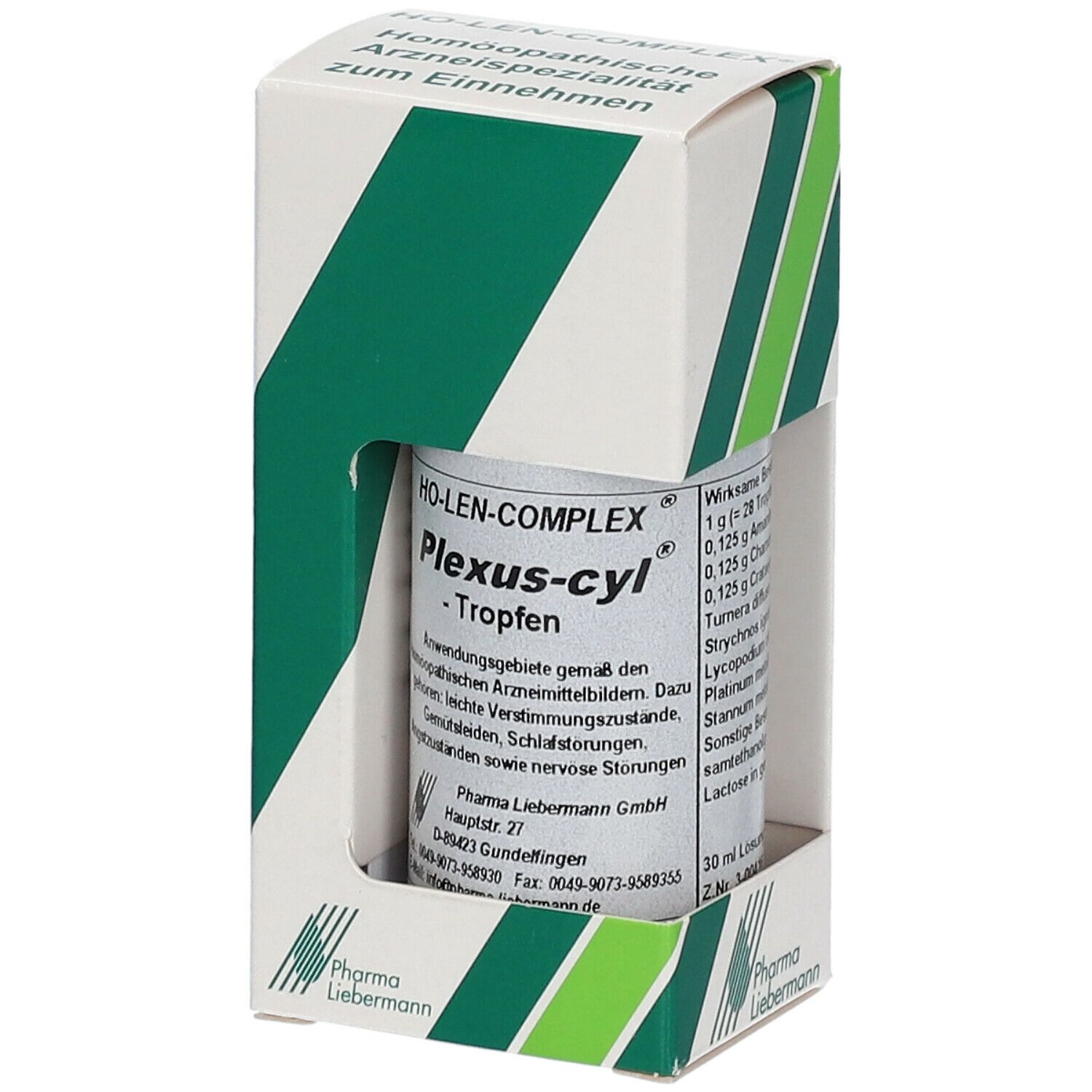 Plexus-cyl Tropfen in Verpackung. Flasche in weißer Schachtel mit grünen Streifen. Pharma Liebermann Logo.