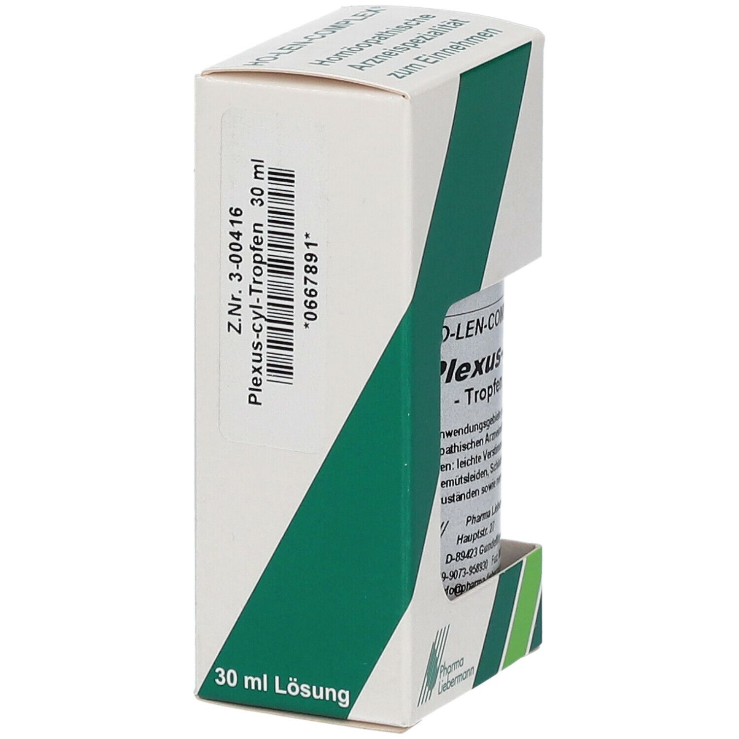 Plexus-cyl Tropfen, 30 ml Lösung. Flasche in weißer Schachtel mit grünen Akzenten. Pharma Liebermann.