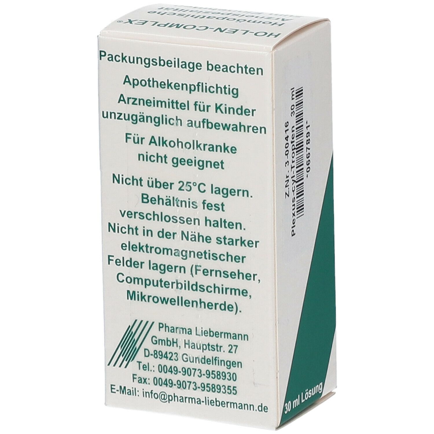 Rückseite der Plexus-cyl Tropfen Verpackung. Textinformationen, Apothekenpflichtig, Pharma Liebermann.