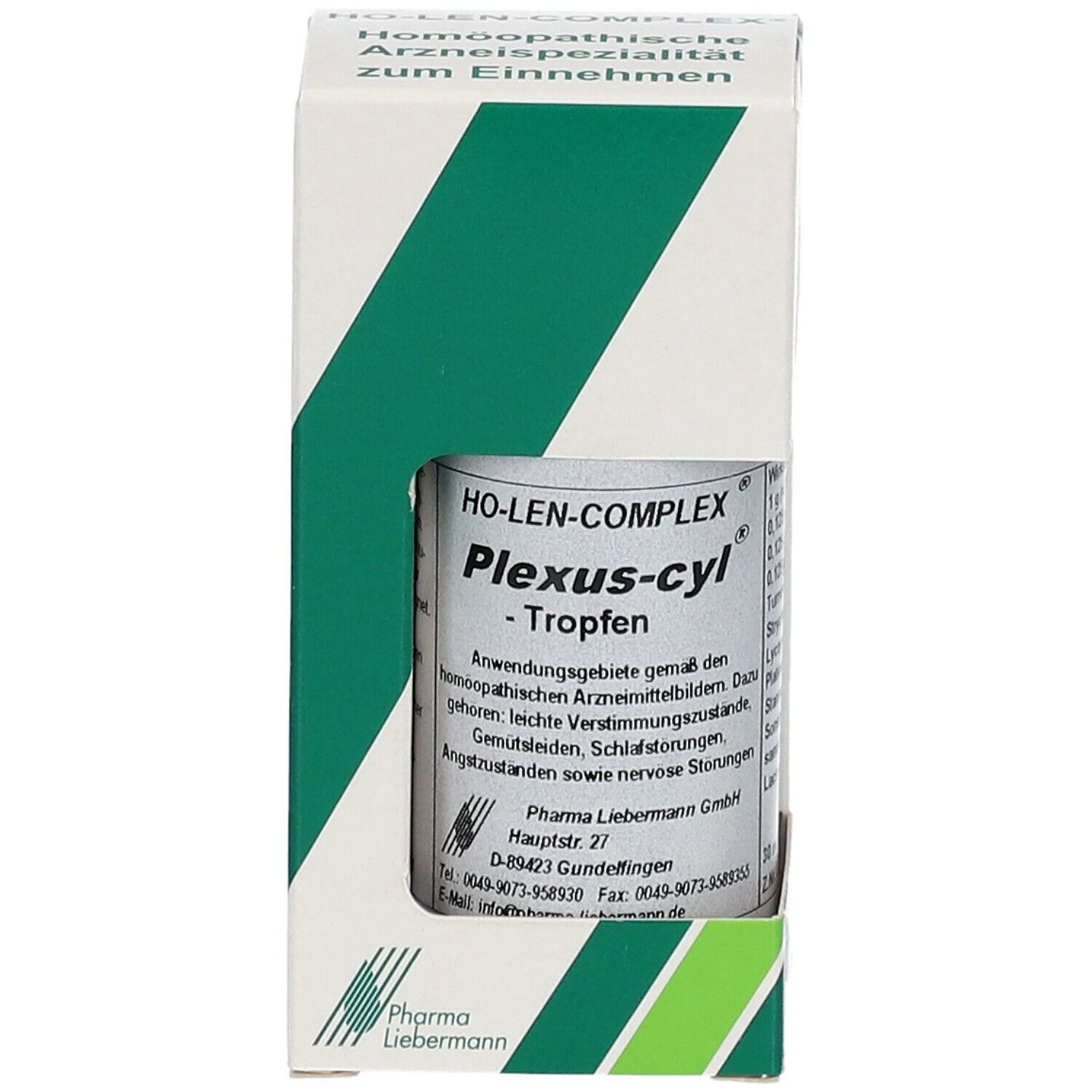 Plexus-cyl Tropfen Flasche in Verpackung. Produktname und Anwendungsgebiete. Pharma Liebermann.