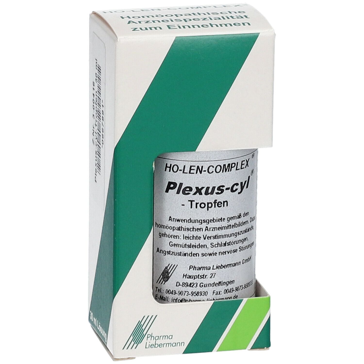 Plexus-cyl Tropfen Flasche in Verpackung. Produktname und Anwendungsgebiete. Pharma Liebermann.