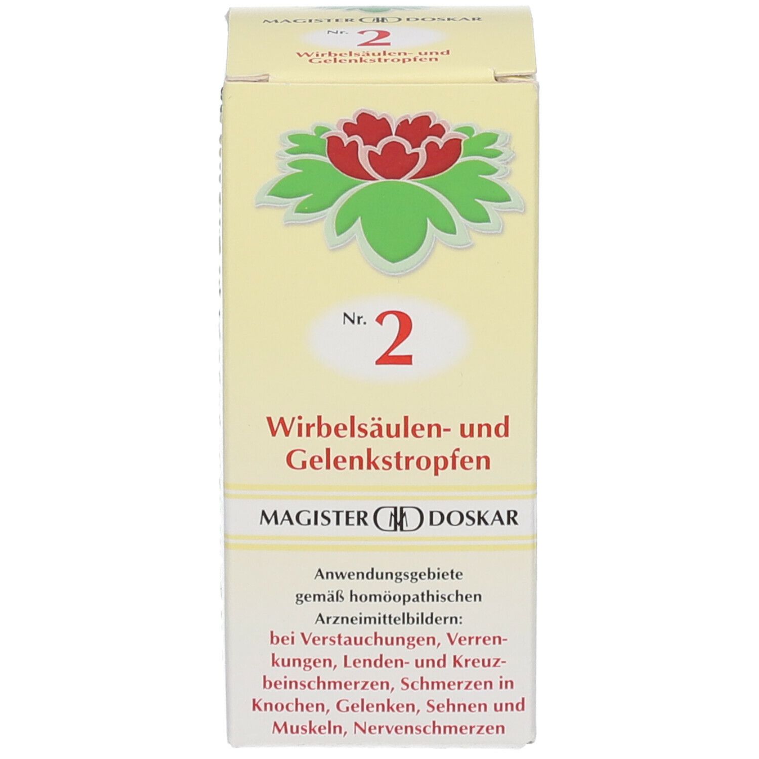 Gelbe Schachtel mit rotem Blütenlogo und Text: Nr. 2 Wirbelsäulen- und Gelenkstropfen. Anwendungshinweise.