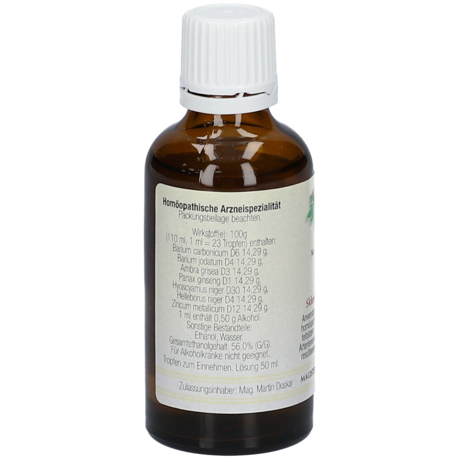 Rückseite einer braunen Glasflasche mit weißem Deckel. Etikett mit Inhaltsstoffen und Text: Homöopathische Arzneispezialität.