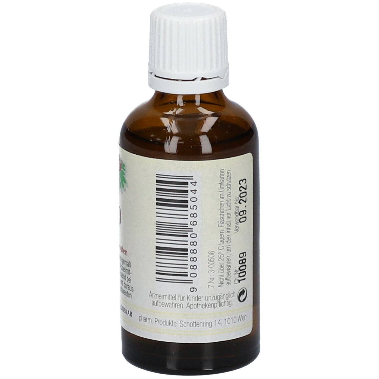 Braune Glasflasche mit weißem Deckel. Etikett mit Text und Datum: 09.2023. Aufkleber mit Barcode und Nummer.