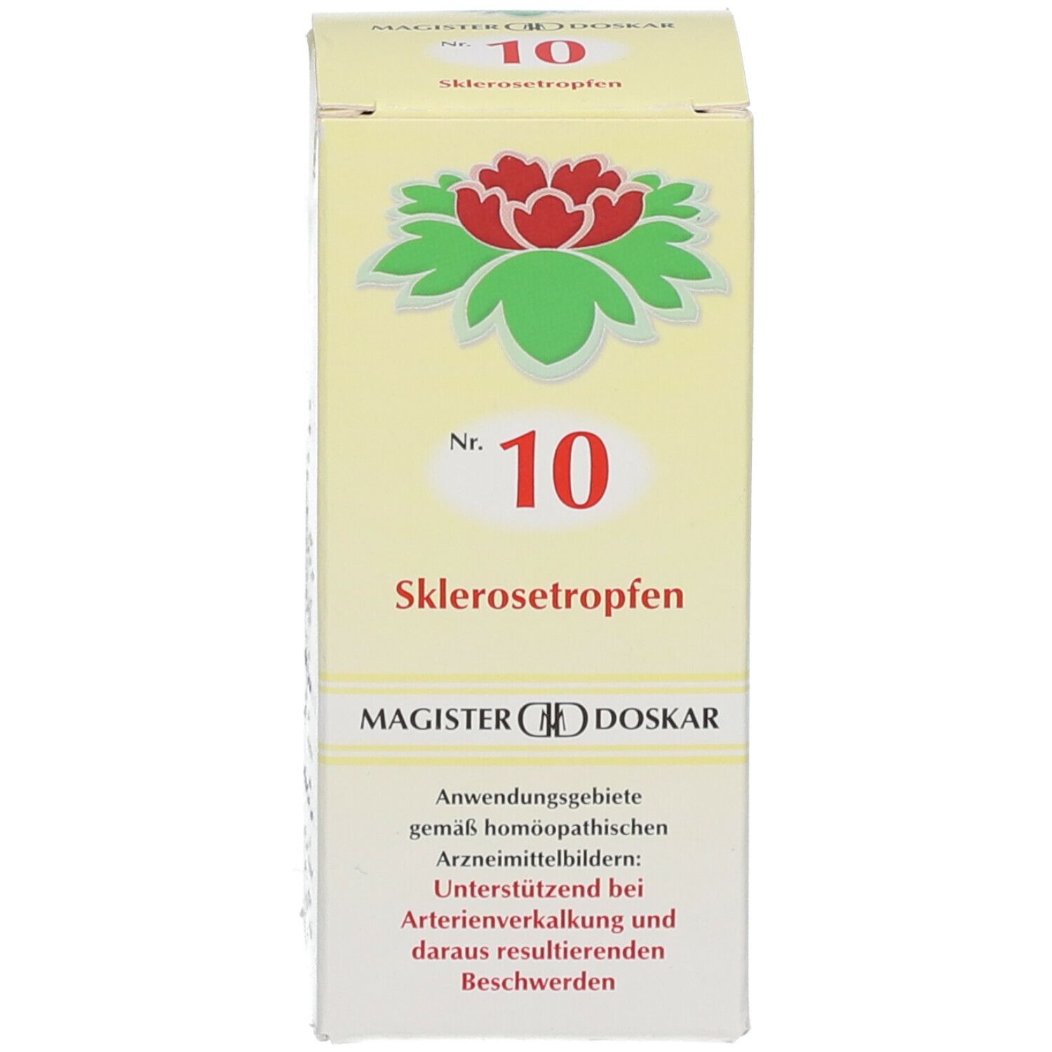 Produktverpackung. Karton mit Text: Nr. 10 Sklerosetropfen. Rotes Blütenlogo. MAGISTER DOSKAR.