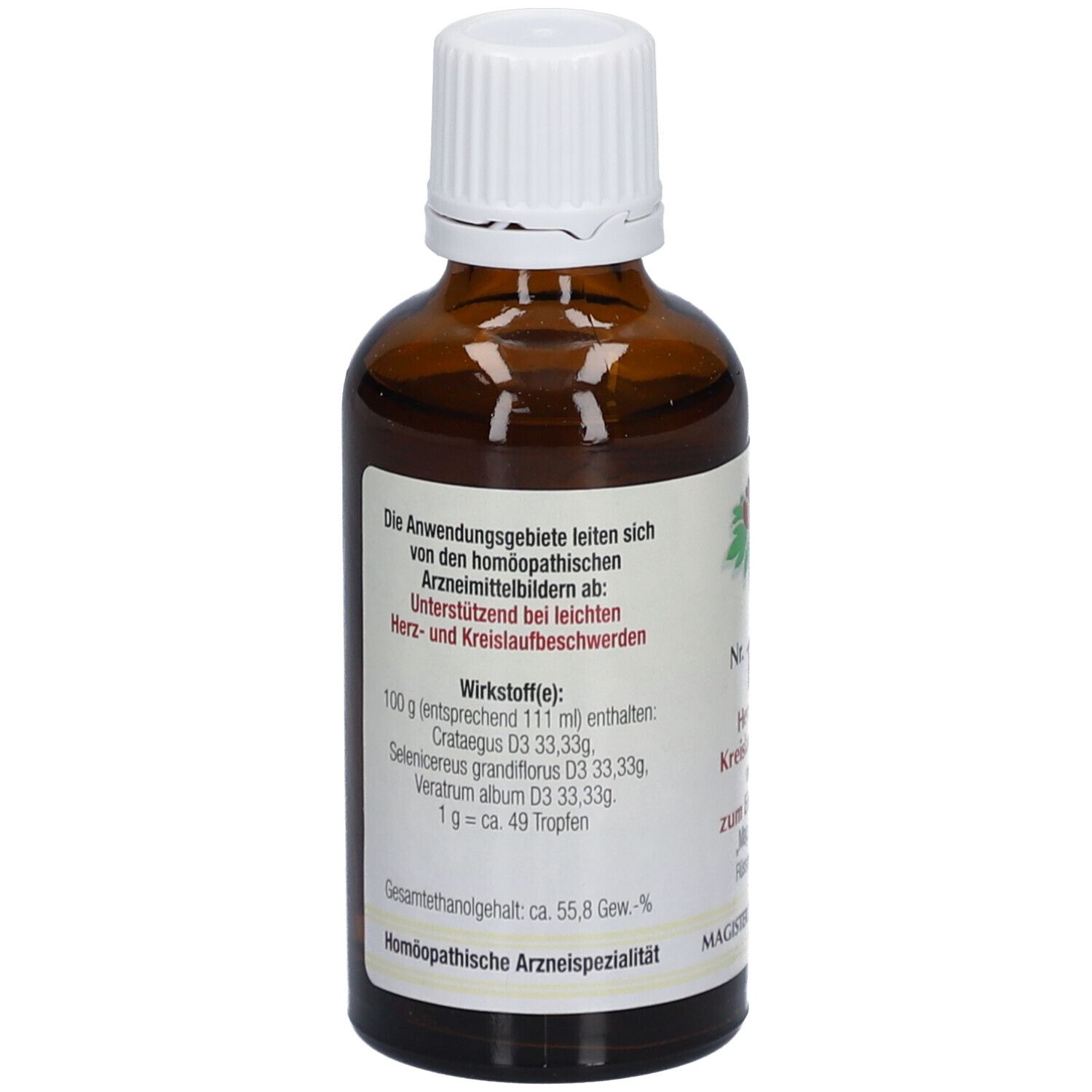 Braune Glasflasche mit weißem Verschluss. Rückseite mit Text: Anwendungshinweise, Wirkstoffe, und homöopathische Arzneispezialität. Marke: Magister Doskar.