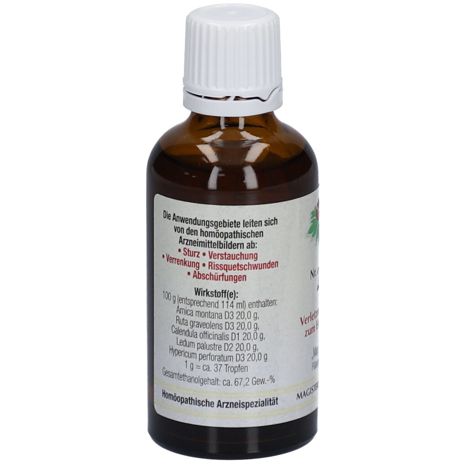 Rückseite der braunen Flasche. Etikett mit Text über Anwendungsgebiete, Wirkstoffe und homöopathische Arzneispezialität.