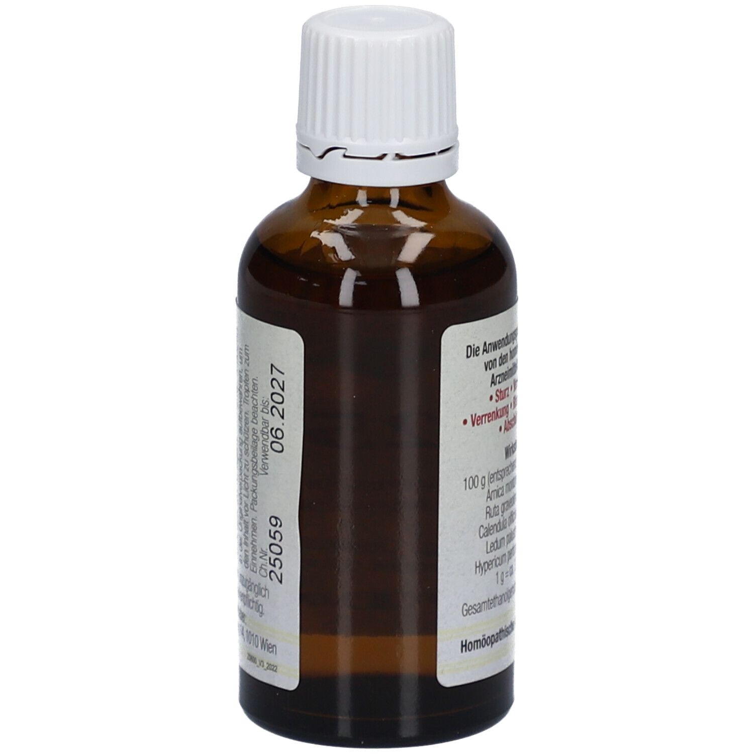 Rückseite der braunen Flasche. Etikett mit Text über Anwendungsgebiete, Wirkstoffe und homöopathische Arzneispezialität.