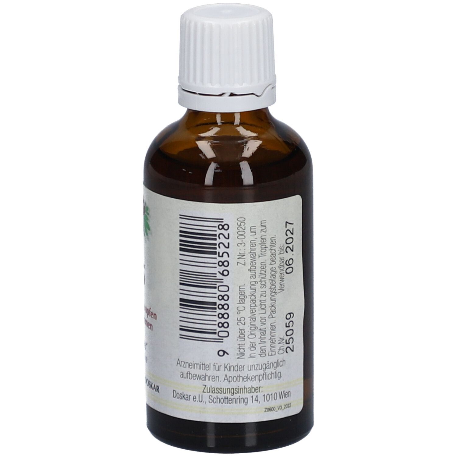 Braune Flasche mit weißem Deckel. Etikett mit Barcode und Text: Nicht über 25°C lagern. Apothekenpflichtig.