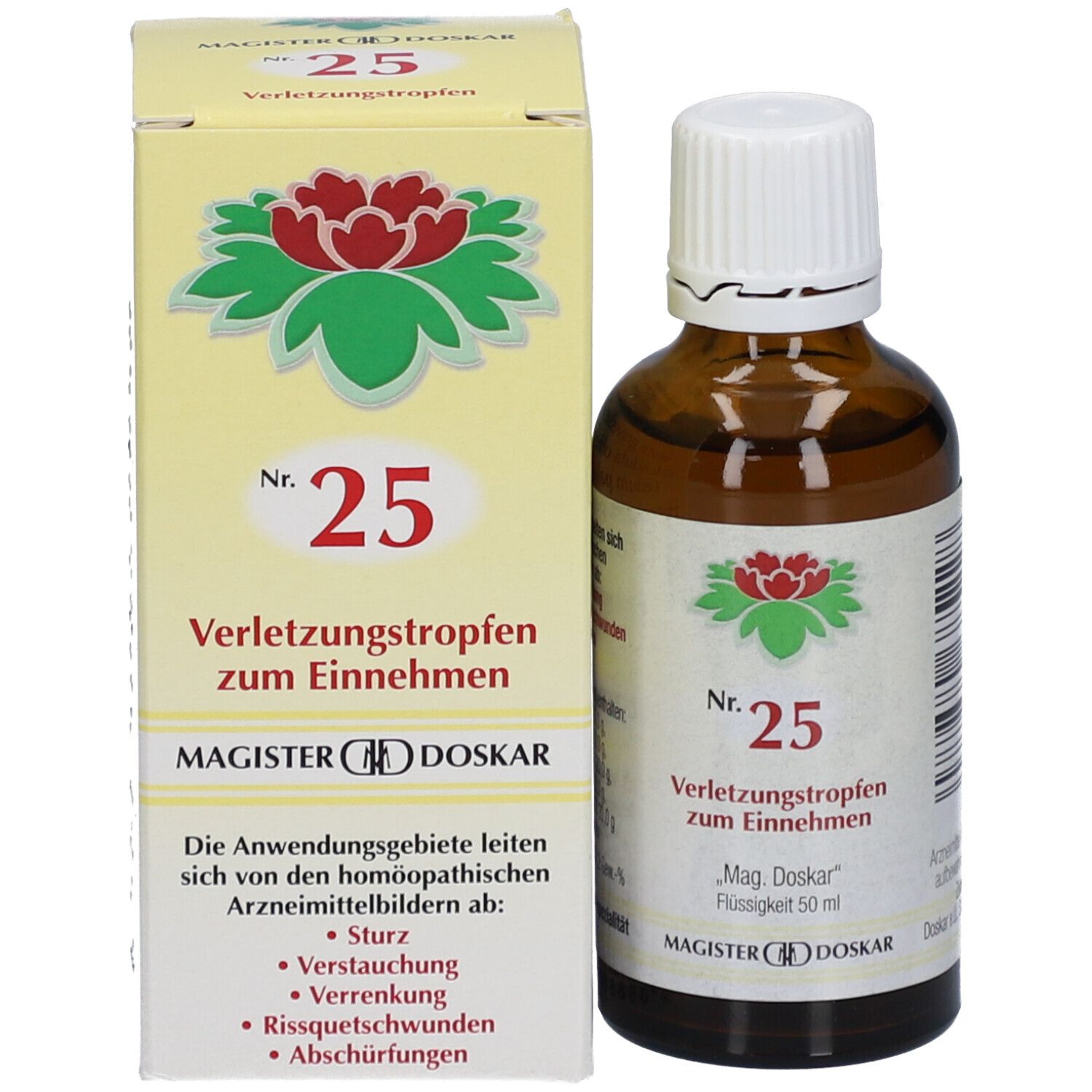Braune Flasche mit weißem Deckel und Karton. Karton mit roter Lotusblüte, Text: Nr. 25 Verletzungstropfen, Mag. Doskar.
