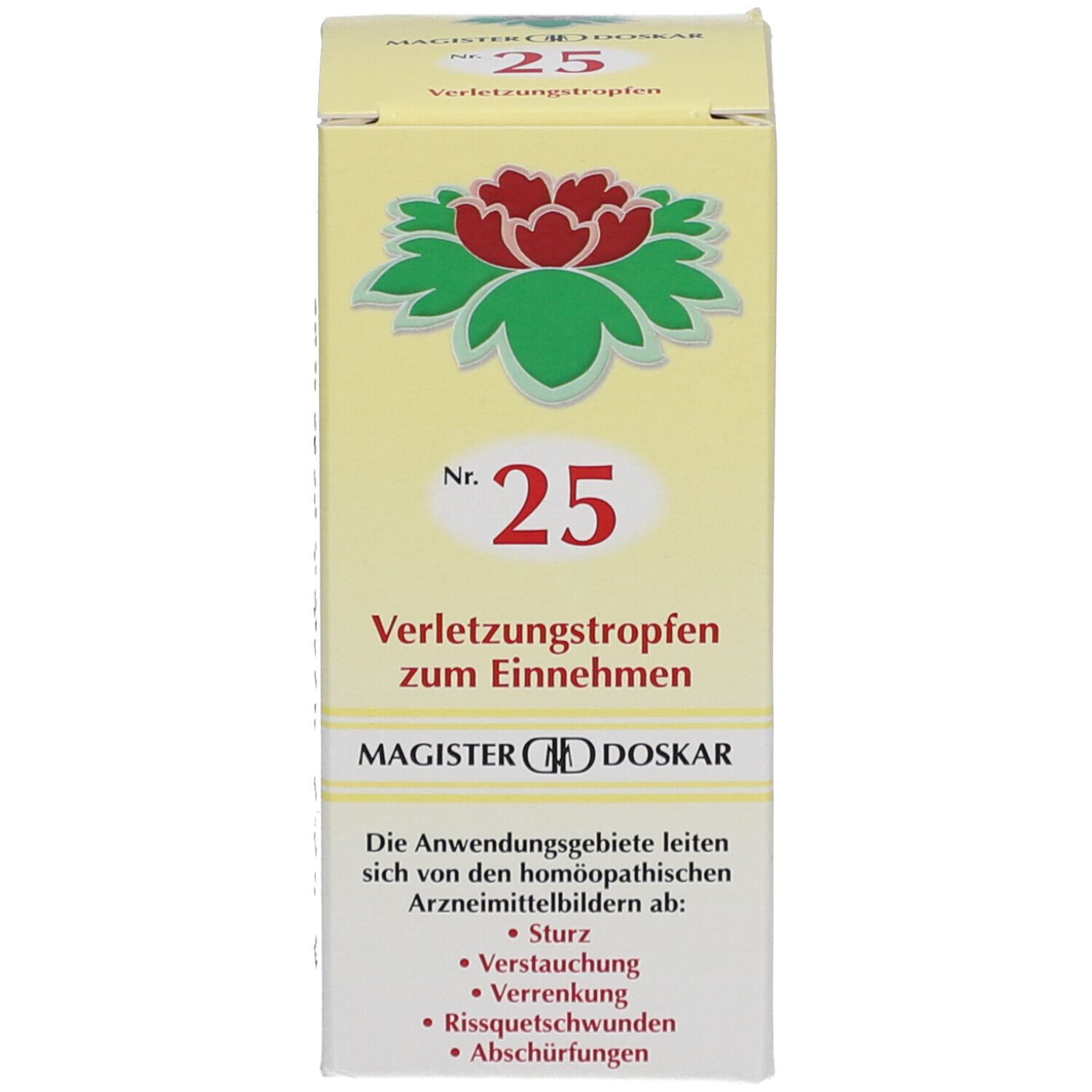 Karton mit roter Lotusblüte, Text: Nr. 25 Verletzungstropfen, Mag. Doskar. Text über Anwendungsgebiete.