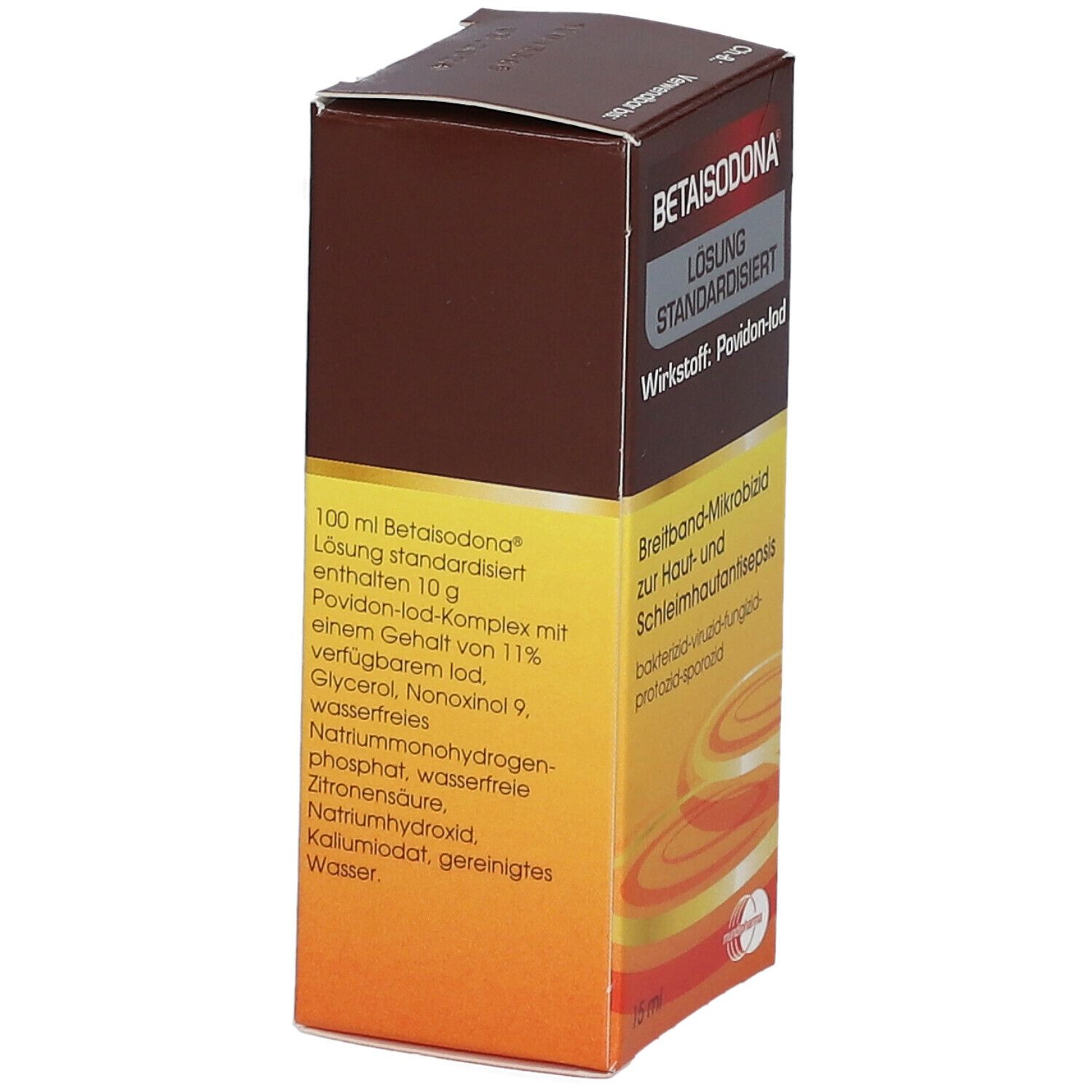 Braune Schachtel mit Betaisodona Lösung. Text: 100 ml Lösung, Povidon-Iod-Komplex, Inhaltsstoffe.