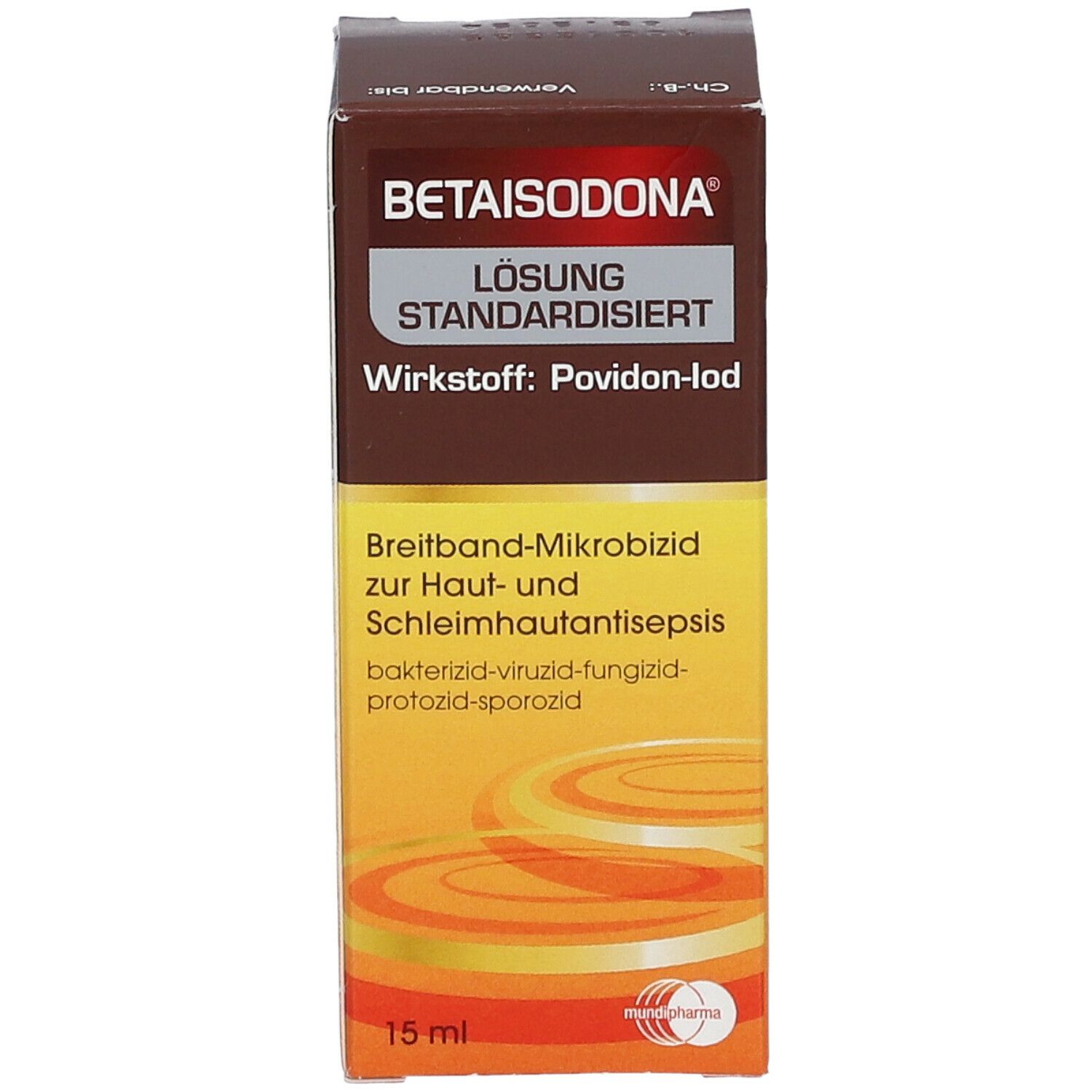Braune Schachtel mit Betaisodona Lösung. Text: Breitband-Mikrobizid, Povidon-Iod. 15 ml.