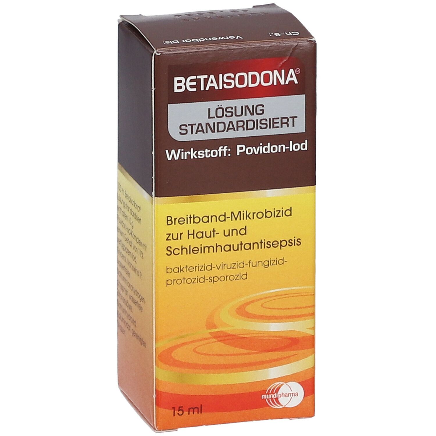 Braune Schachtel mit Betaisodona Lösung. Text: Breitband-Mikrobizid, Povidon-Iod. 15 ml.