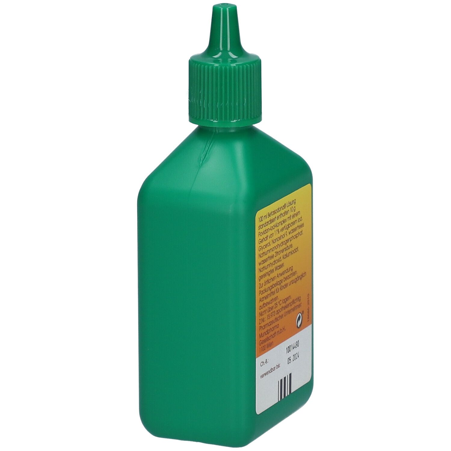 Grüne Flasche mit Etikett. Aufschrift: Inhaltsstoffe und Verfallsdatum. Barcode.
