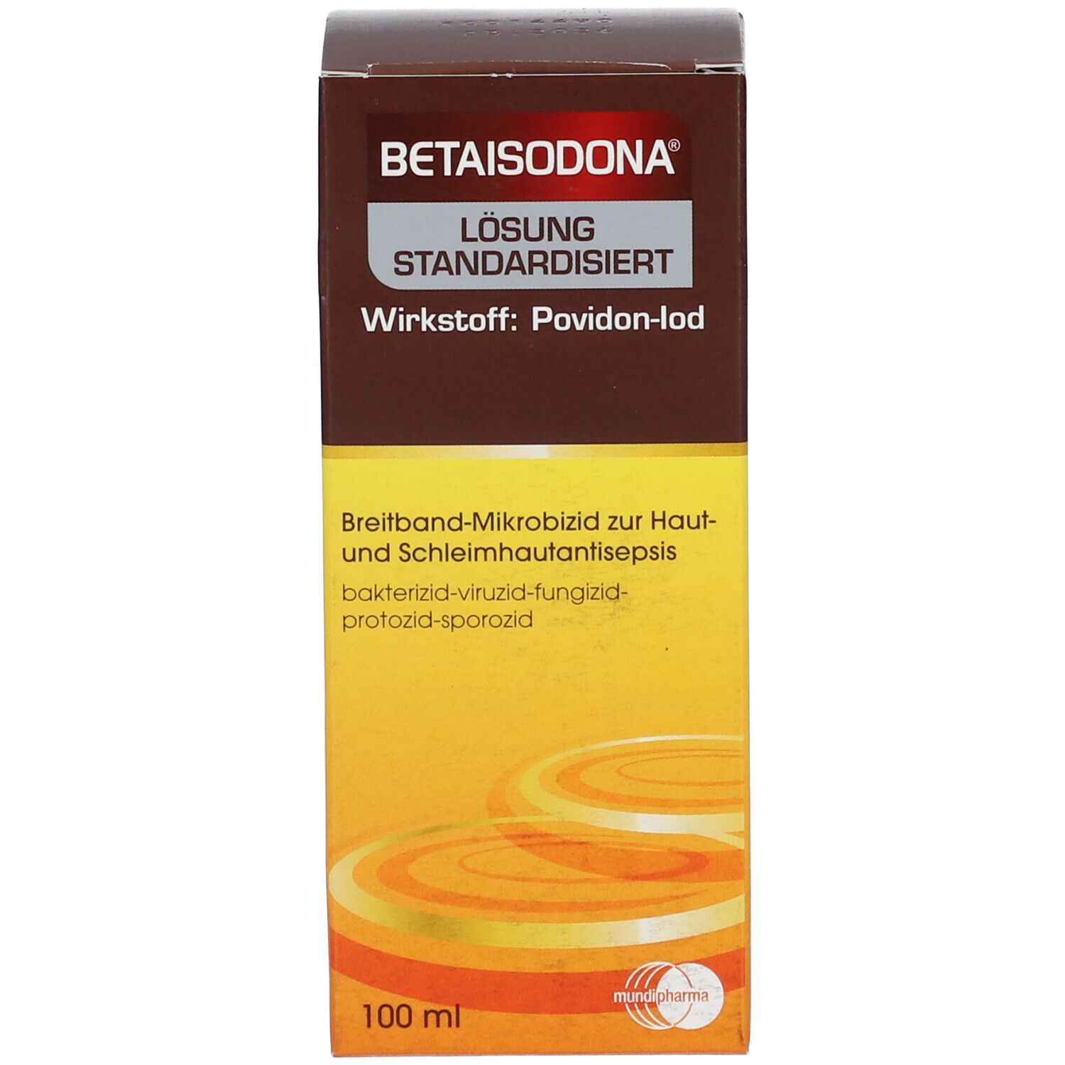 Braune Schachtel. Aufschrift: Betaisodona Lösung, Wirkstoff Povidon-Iod. 100 ml.