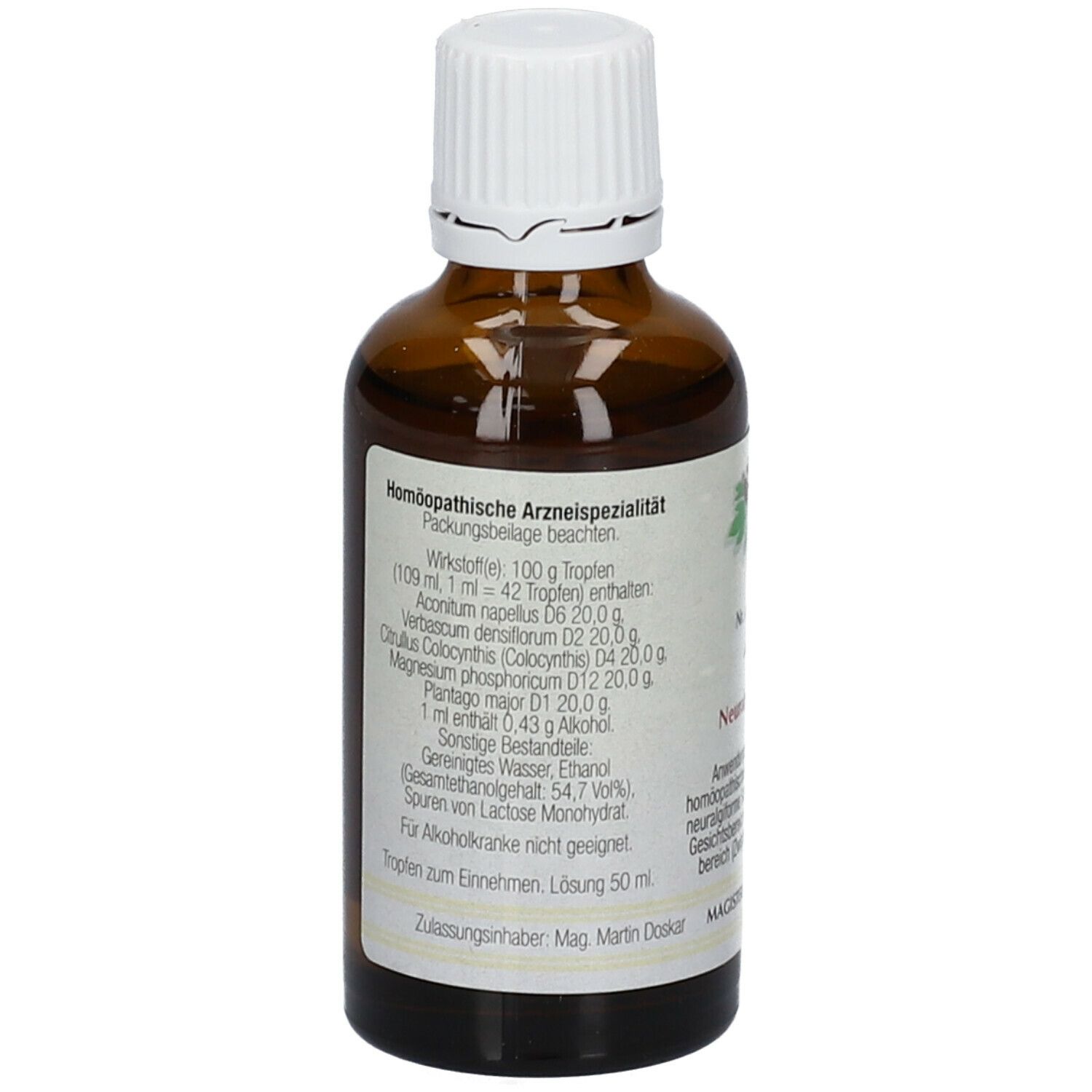 Rückseite der braunen Glasflasche. Etikett mit Inhaltsstoffen und Herstellerinformationen. Homöopathische Arzneispezialität.