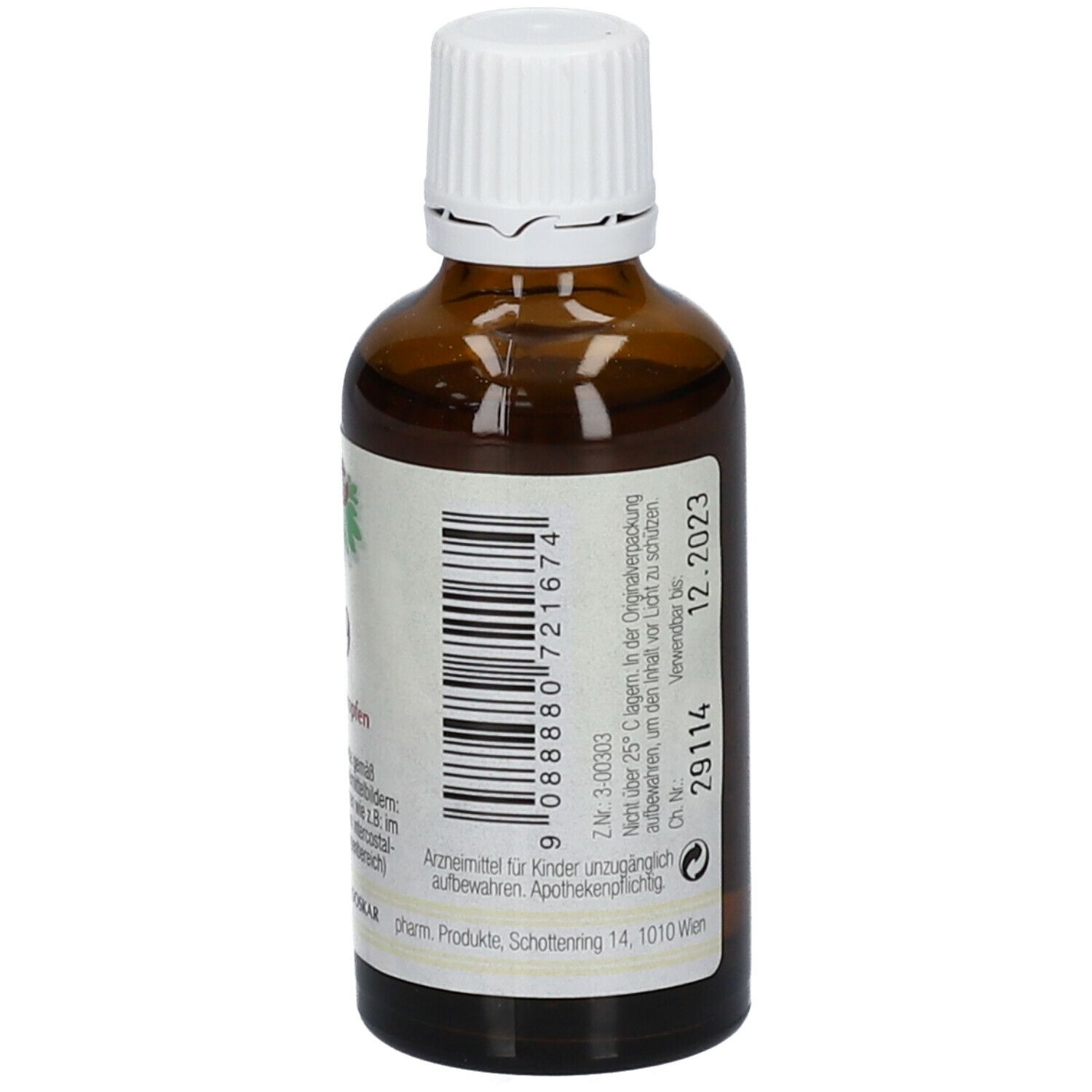 Braune Glasflasche mit weißem Verschluss. Etikett mit Barcode und Herstellerinformationen. Apothekenpflichtig.