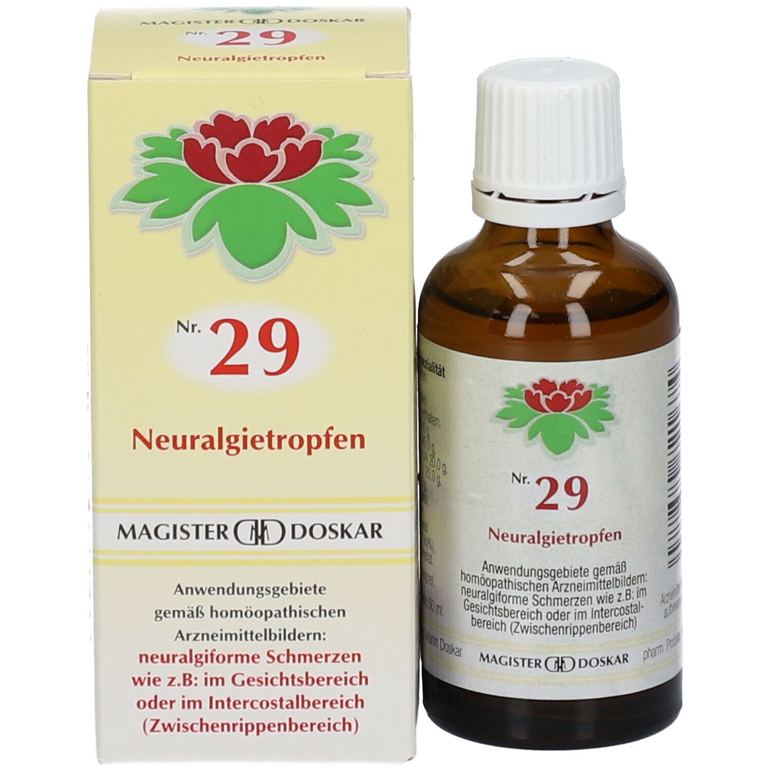 Braune Glasflasche und Schachtel. Schachtel mit Produktnamen, Nr. 29 Neuralgietropfen. MAGISTER DOSKAR.