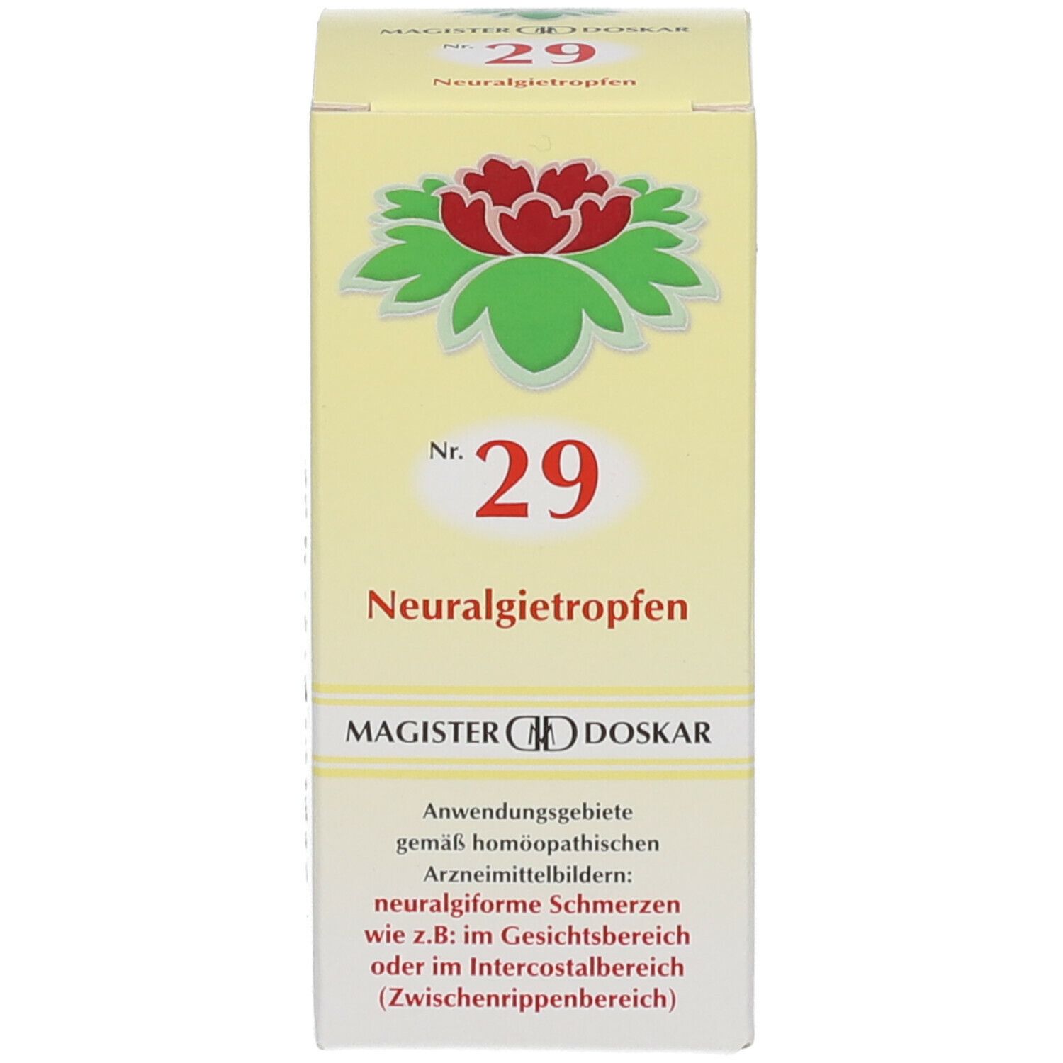 Schachtel mit Produktnamen: Nr. 29 Neuralgietropfen. MAGISTER DOSKAR. Vorderseite mit roter Blüte.