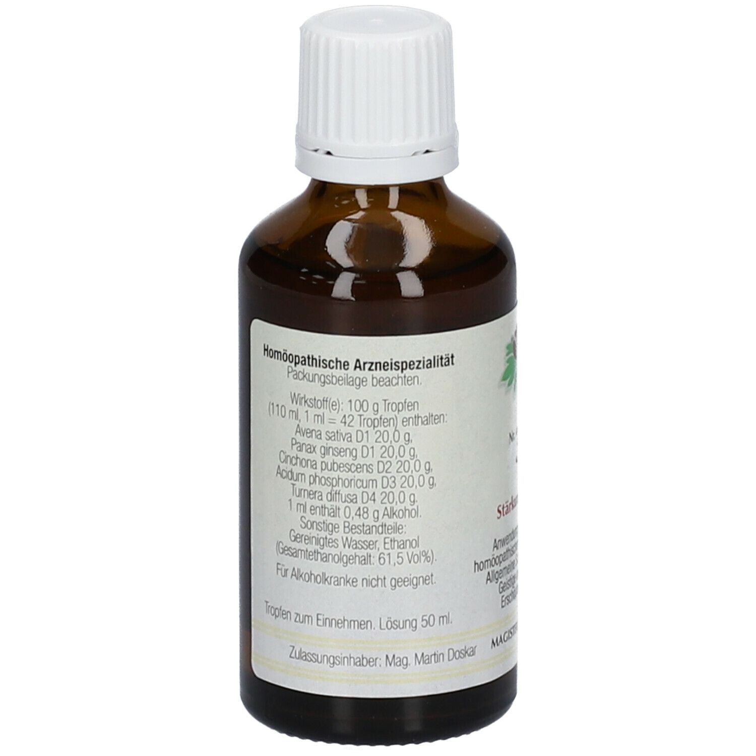 Braune Glasflasche mit weißem Verschluss. Etikett mit Inhaltsstoffen und Herstellerinformationen. 50 ml.