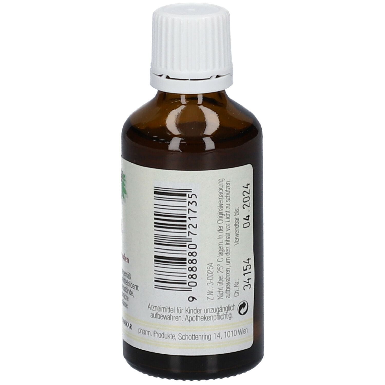 Braune Glasflasche mit weißem Verschluss. Etikett mit Barcode und Herstellerinformationen. Apothekenpflichtig.
