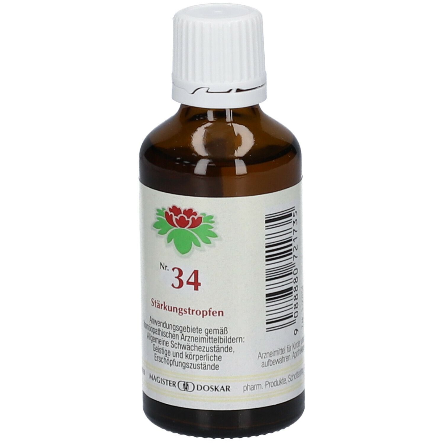 Braune Glasflasche mit weißem Verschluss. Etikett mit roter Blüte, Nr. 34, Stärkungstropfen. MAGISTER DOSKAR.