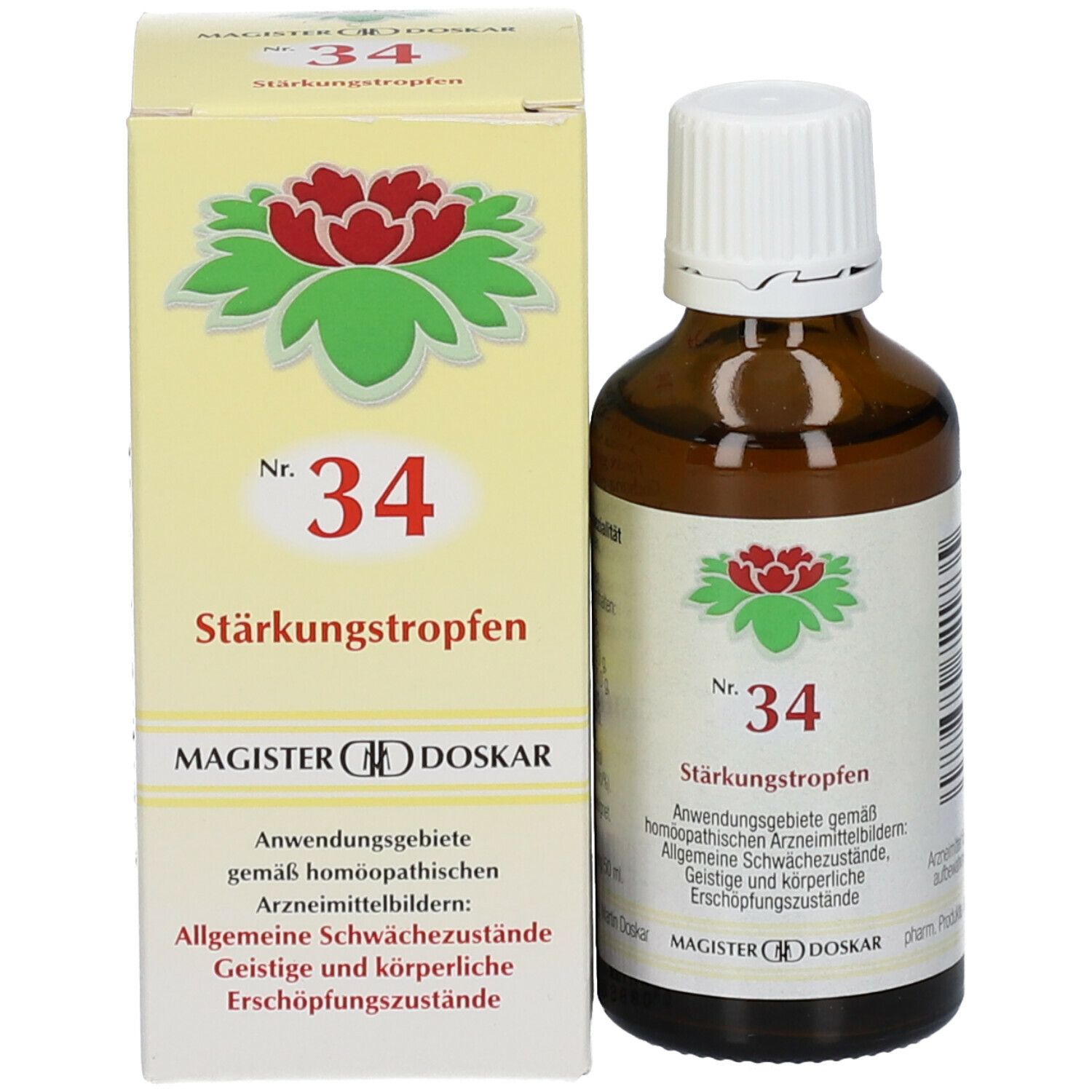 Braune Glasflasche und Schachtel. Flasche mit weißem Verschluss, Etikett mit roter Blüte, Nr. 34. Schachtel mit Logo.