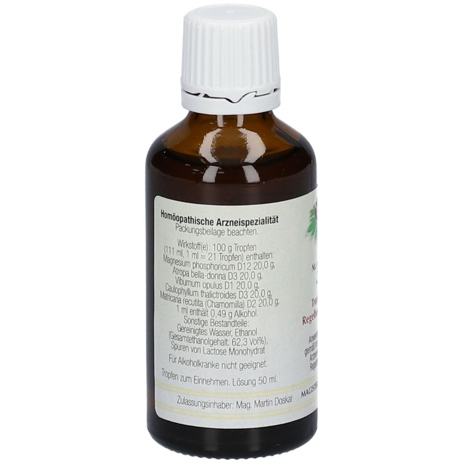 Rückseite einer braunen Glasflasche mit weißem Deckel. Etikett mit Inhaltsstoffen und Text: Homöopathische Arzneispezialität. Lösung 50 ml.