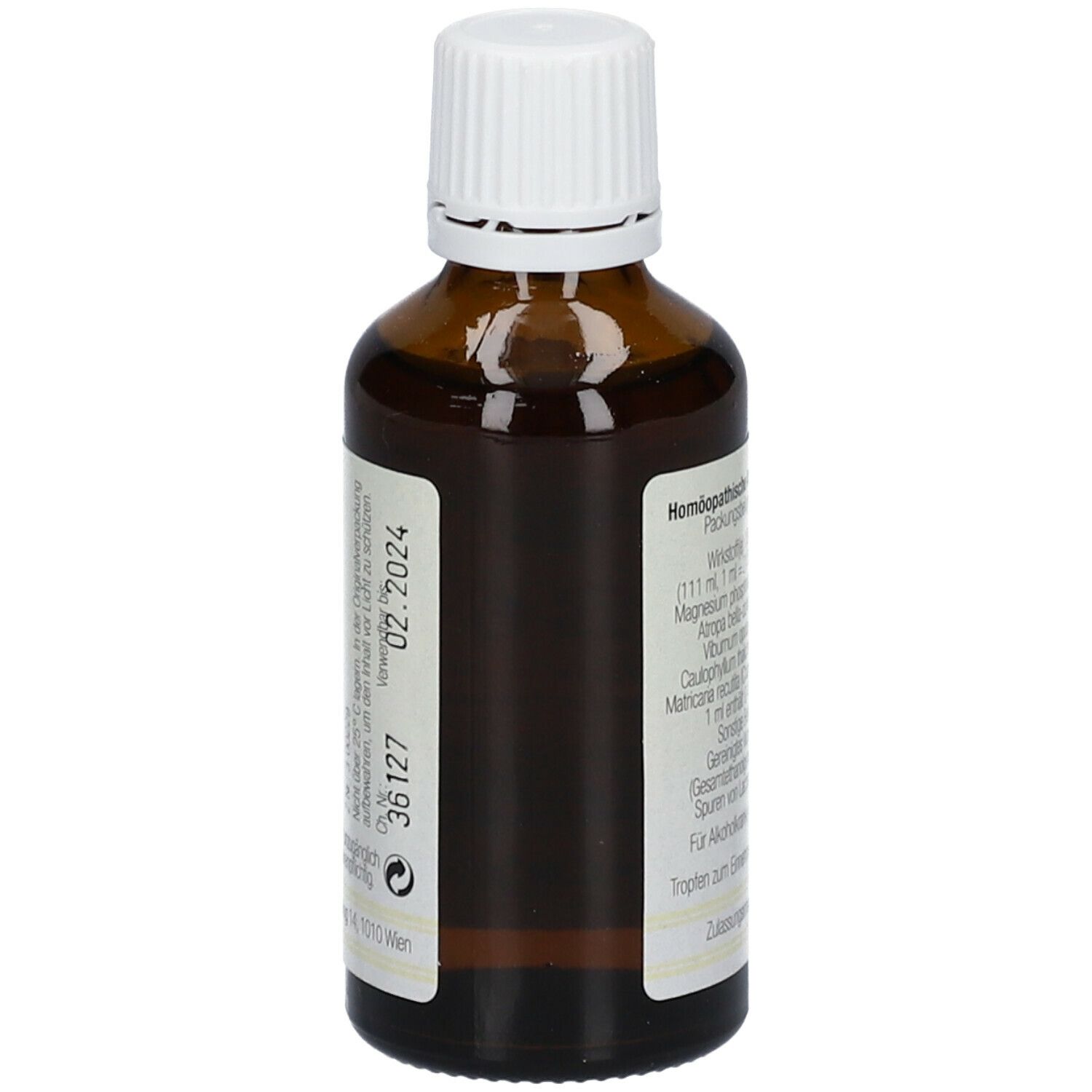Braune Glasflasche mit weißem Deckel. Etikett mit Text: Homöopathische Arzneispezialität. Verfallsdatum 02.2024. Chargennummer 36127.
