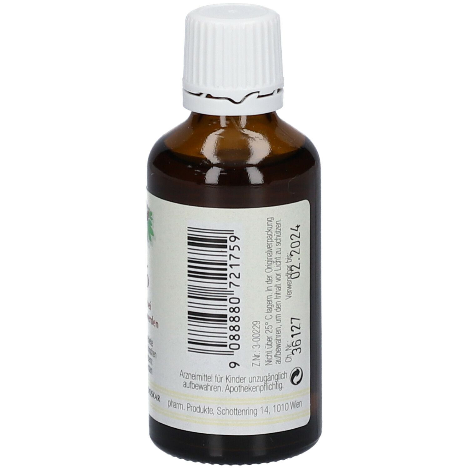 Rückseite einer braunen Glasflasche mit weißem Deckel. Etikett mit Barcode und Text: Arzneimittel für Kinder unzugänglich aufbewahren.