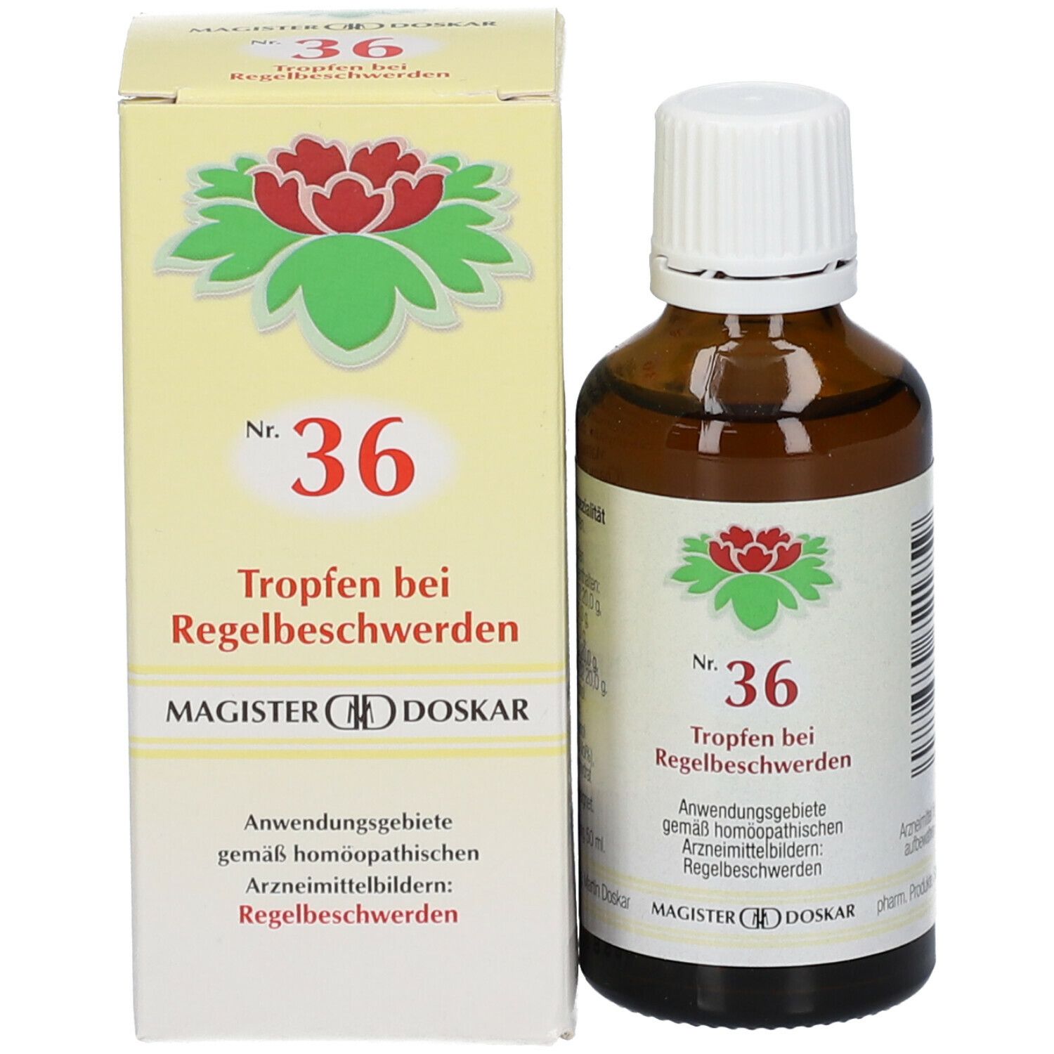 Braune Glasflasche mit weißem Deckel und Karton. Auf dem Karton: Nr. 36 Tropfen bei Regelbeschwerden. MAGISTER DOSKAR. Rotes Blütenlogo.