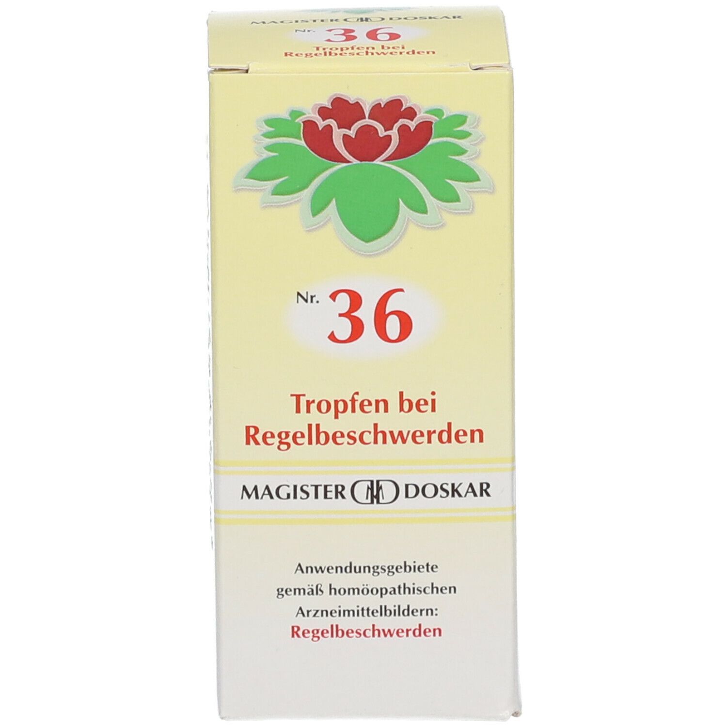 Karton mit rotem Blütenlogo und Text: Nr. 36 Tropfen bei Regelbeschwerden. MAGISTER DOSKAR. Anwendungshinweise.