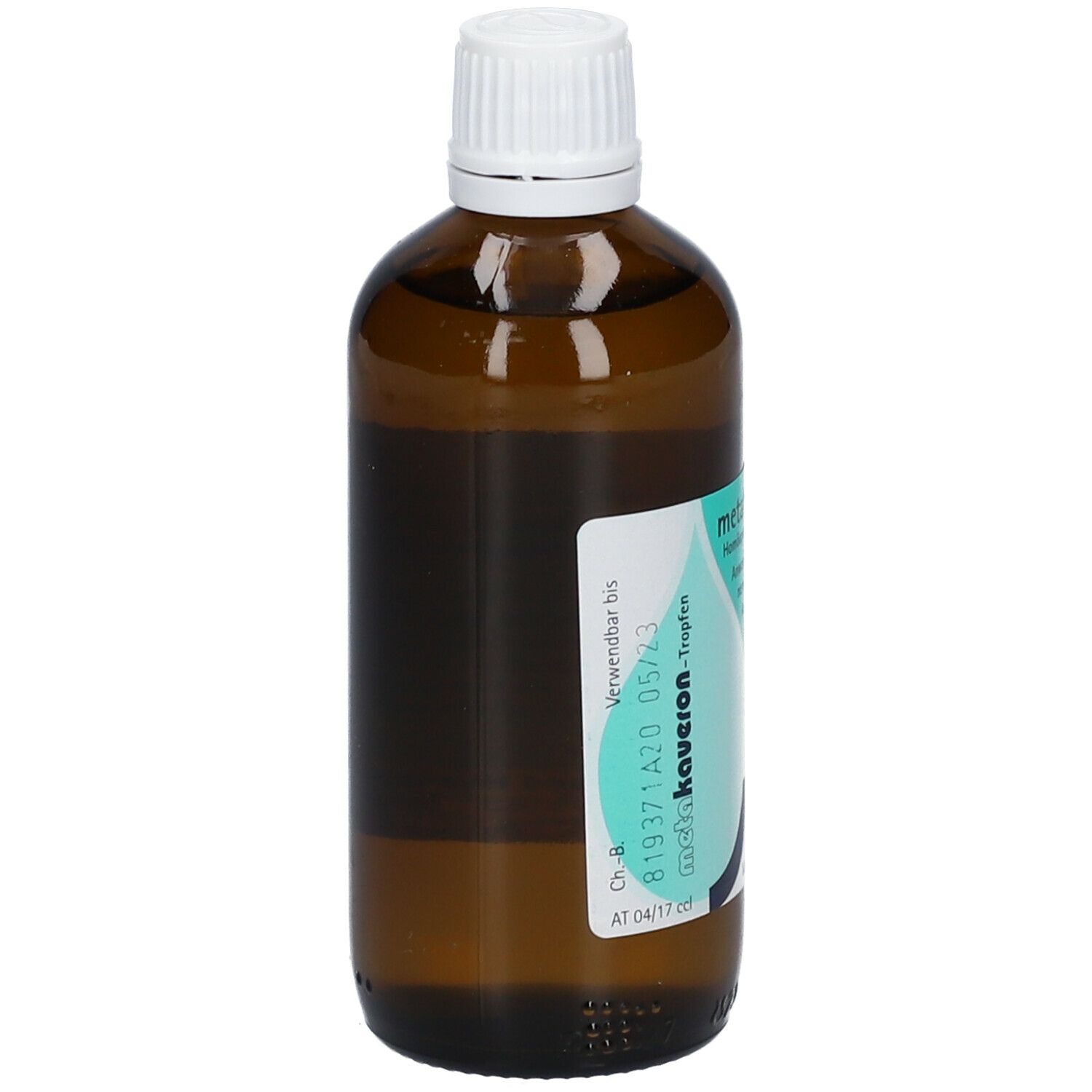 Braune Glasflasche mit weißem Deckel. Etikett mit Verfallsdatum und Chargennummer. metakaveron® Tropfen.