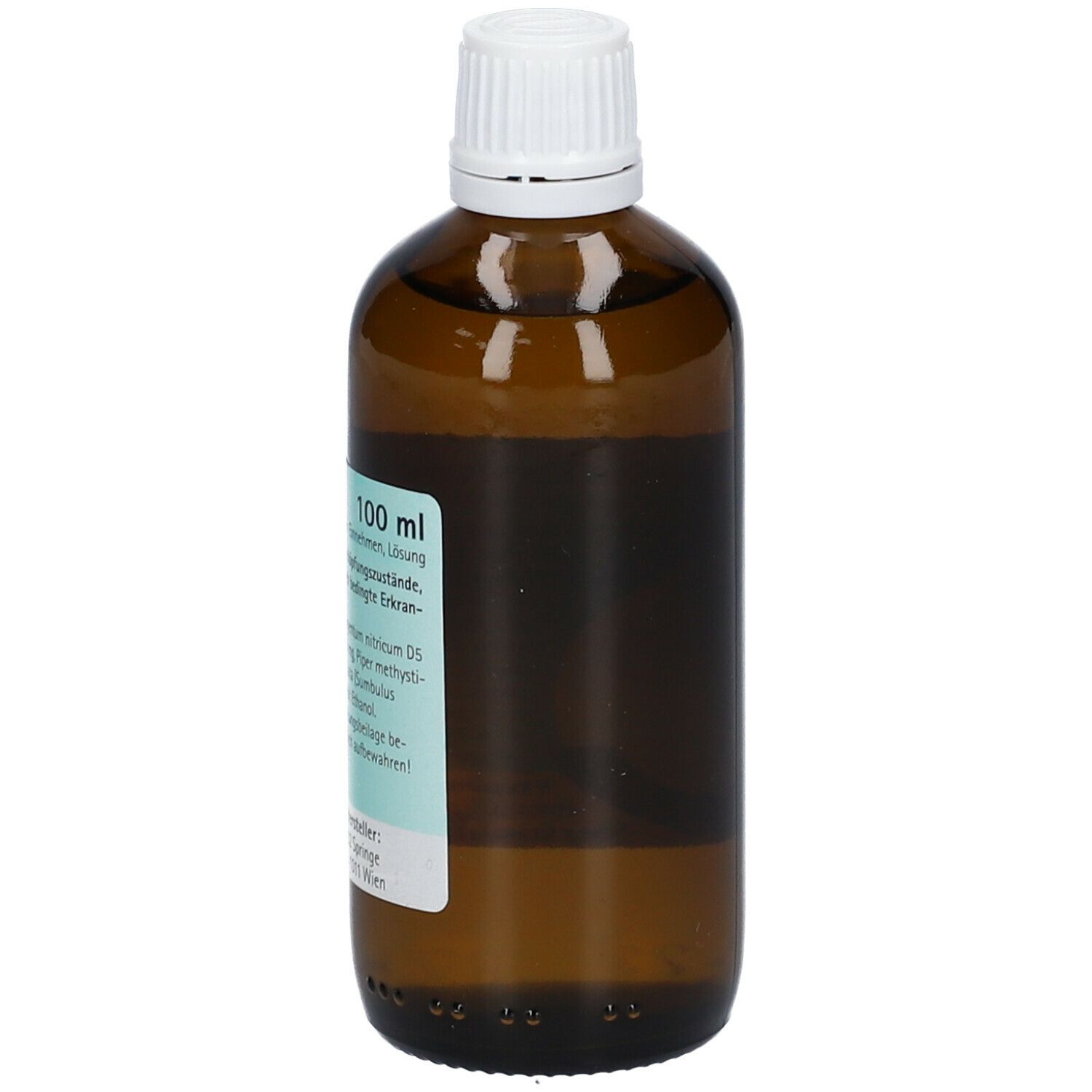 Braune Glasflasche mit weißem Deckel. Etikett mit Produktinformationen. metakaveron® Tropfen. 100 ml.