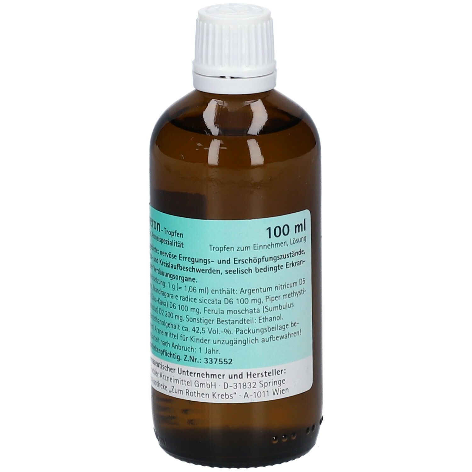 Braune Glasflasche mit weißem Deckel. Etikett mit Produktinformationen. metakaveron® Tropfen. 100 ml.