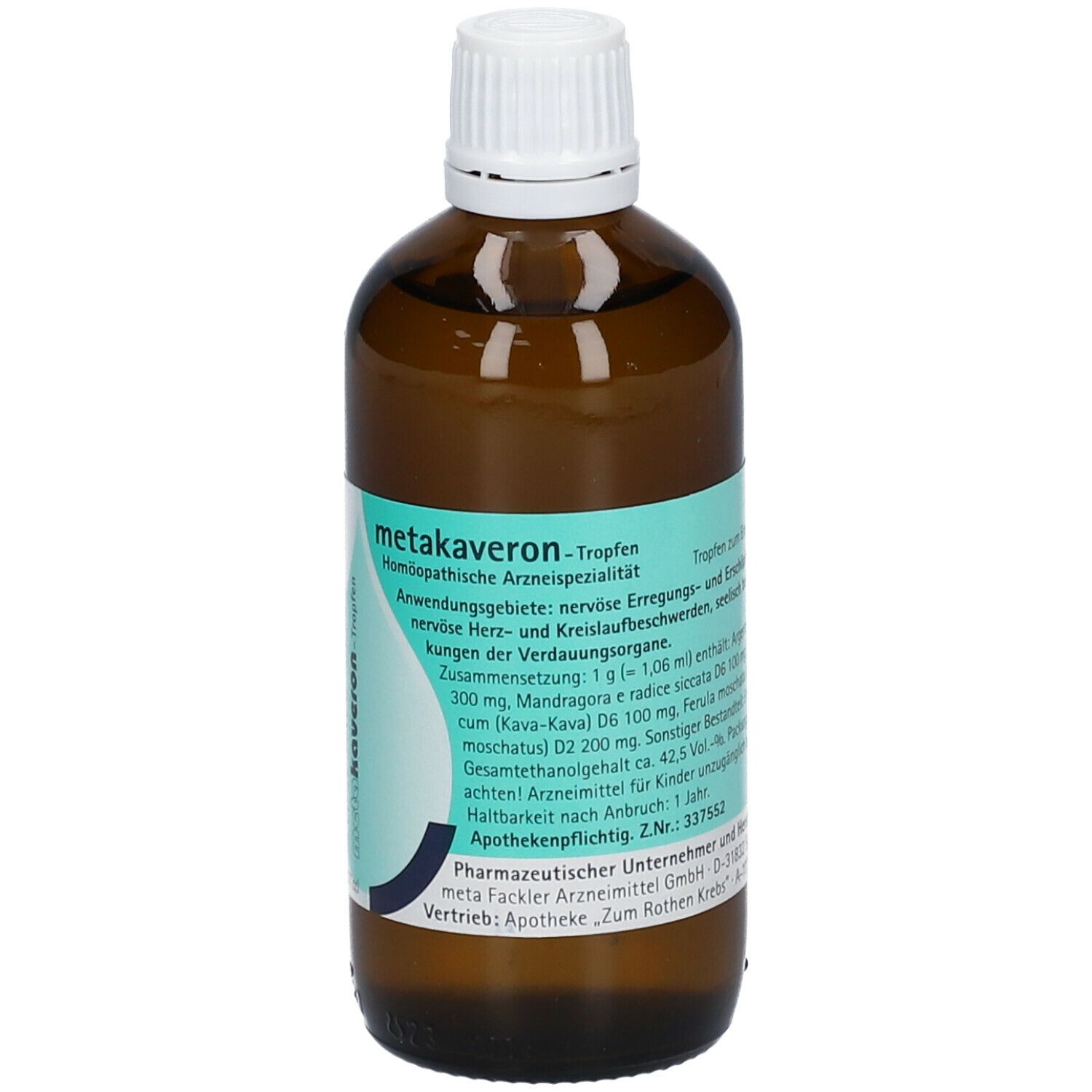 Braune Glasflasche mit weißem Deckel. Etikett mit Produktinformationen. metakaveron® Tropfen. Homöopathisches Arzneimittel.
