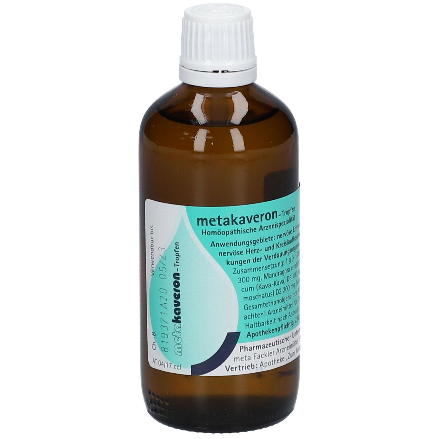 Braune Glasflasche mit weißem Deckel. Etikett mit Produktinformationen. metakaveron® Tropfen. Homöopathisches Arzneimittel.