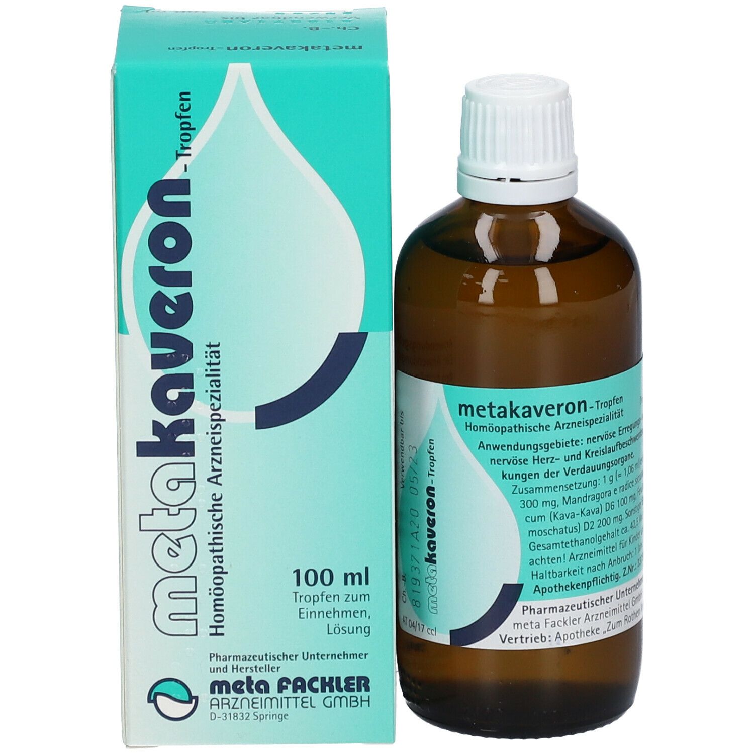 Produkt metakaveron® Tropfen und Verpackung. Flasche mit Etikett und Schachtel. 100 ml.