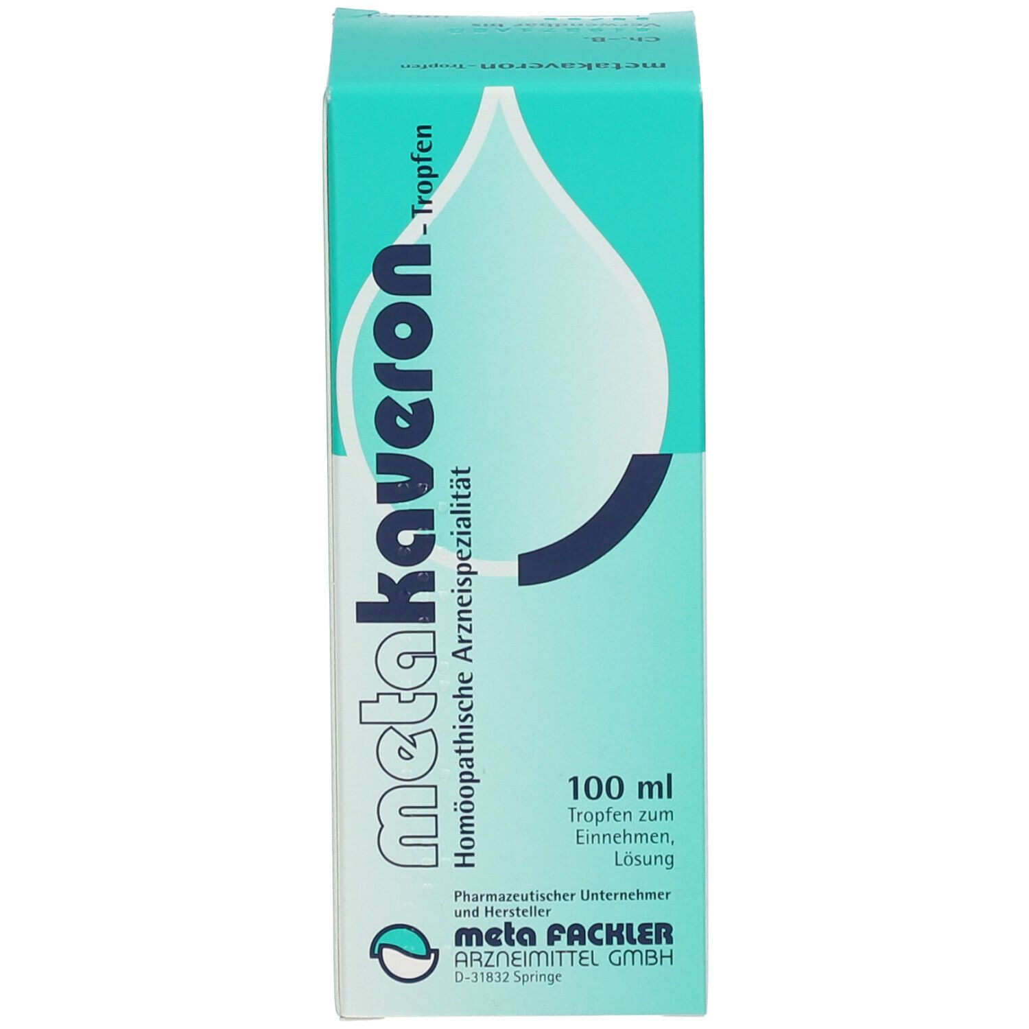 Verpackung von metakaveron® Tropfen. Blaue Schachtel mit Produktnamen und Logo. 100 ml.