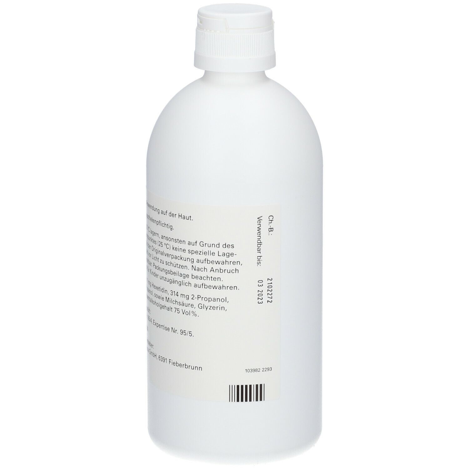 Weiße Flasche mit weißem Deckel. Auf der Seite ein Etikett mit Text und einem Barcode.