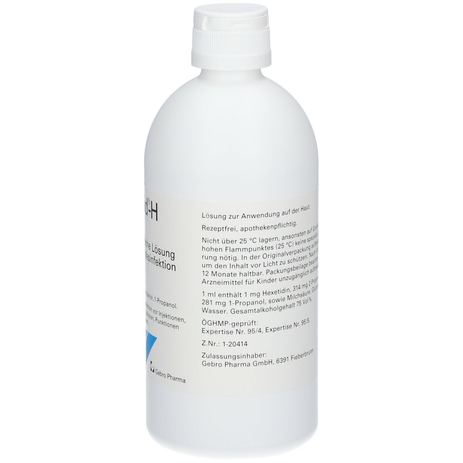 Weiße Flasche mit weißem Deckel. Auf der Seite ein Etikett mit Text.