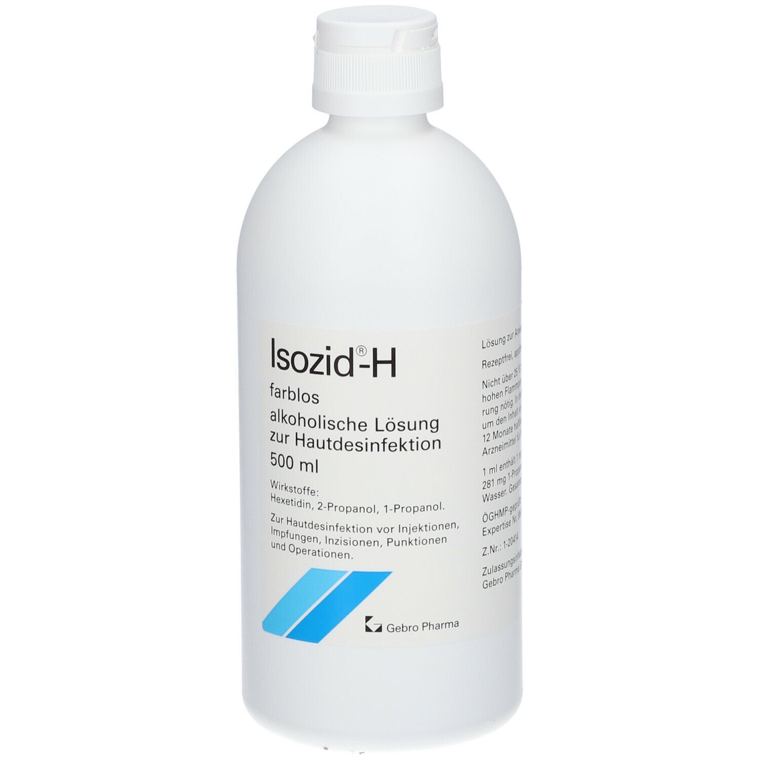 Weiße Flasche mit weißem Deckel. Aufschrift: Isozid-H farblos, alkoholische Lösung zur Hautdesinfektion, 500 ml.