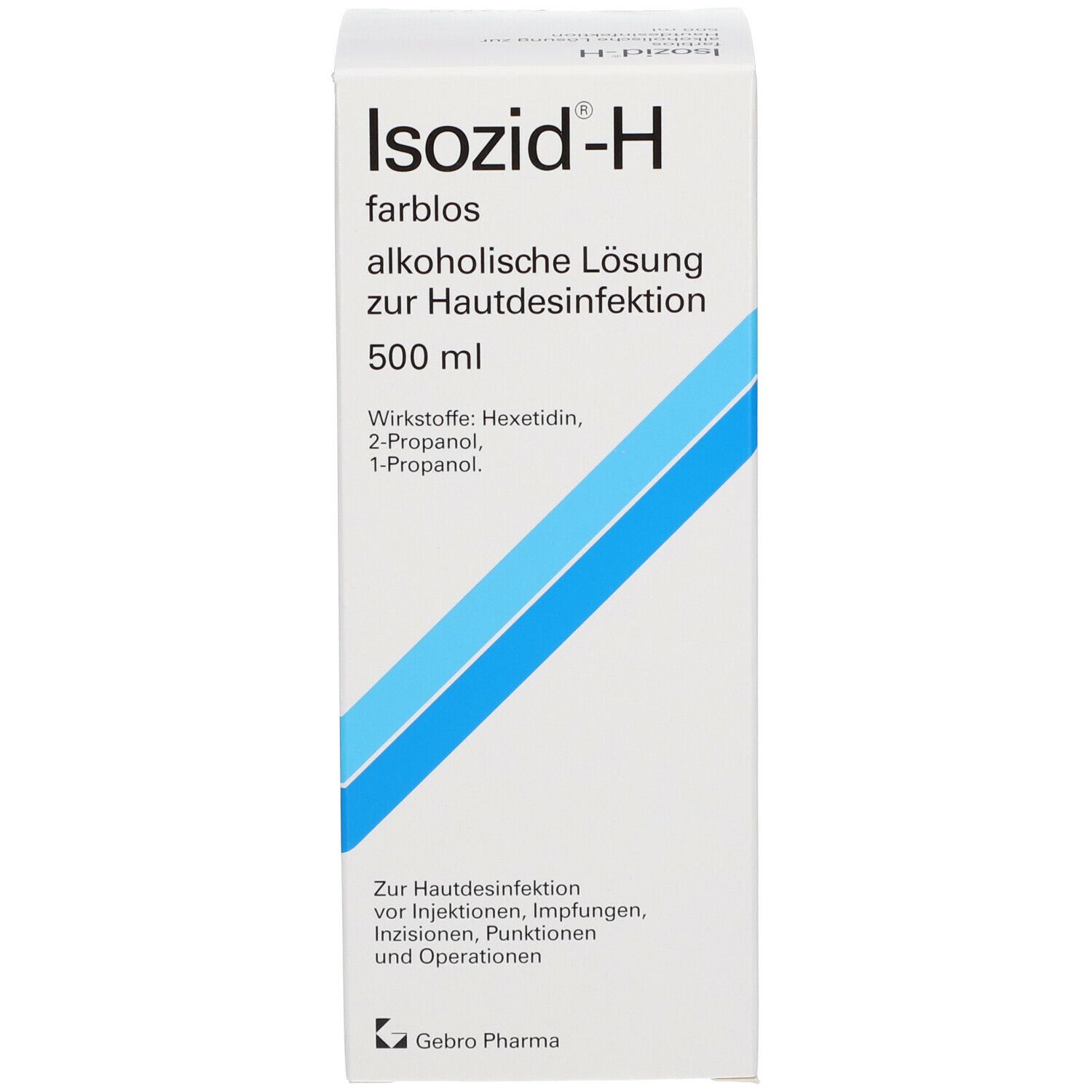 Karton mit Aufschrift: Isozid-H farblos, alkoholische Lösung zur Hautdesinfektion, 500 ml.