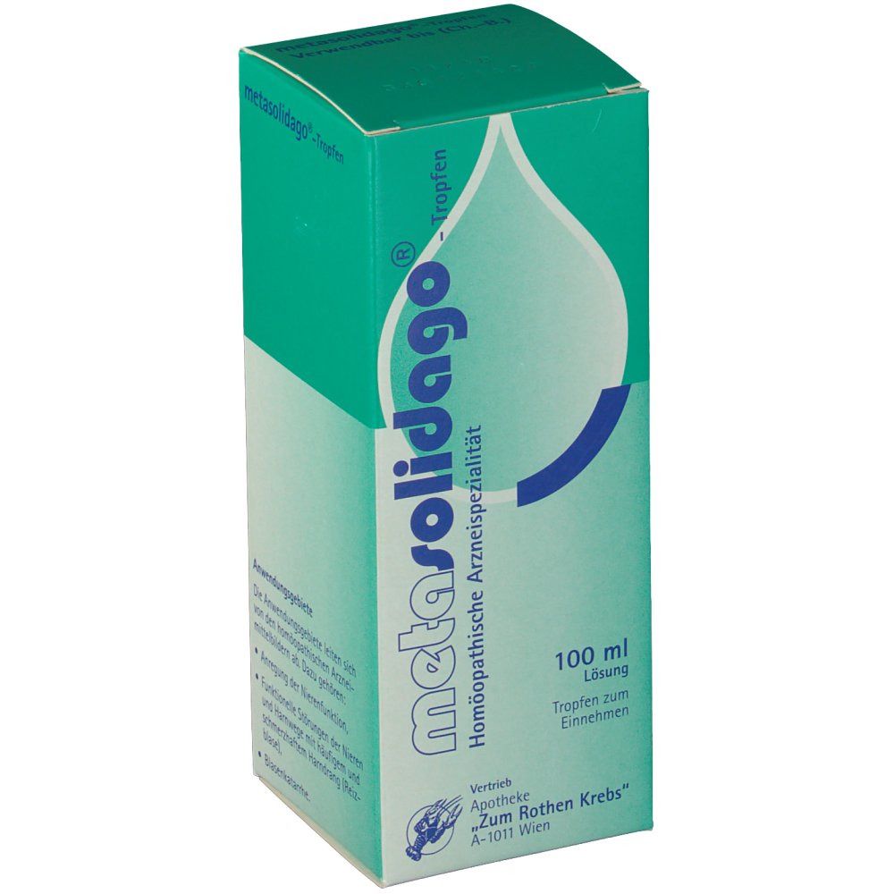Grüne Schachtel mit "metasolidago®"-Tropfen. Enthält 100 ml Lösung. Homöopathisches Arzneimittel.